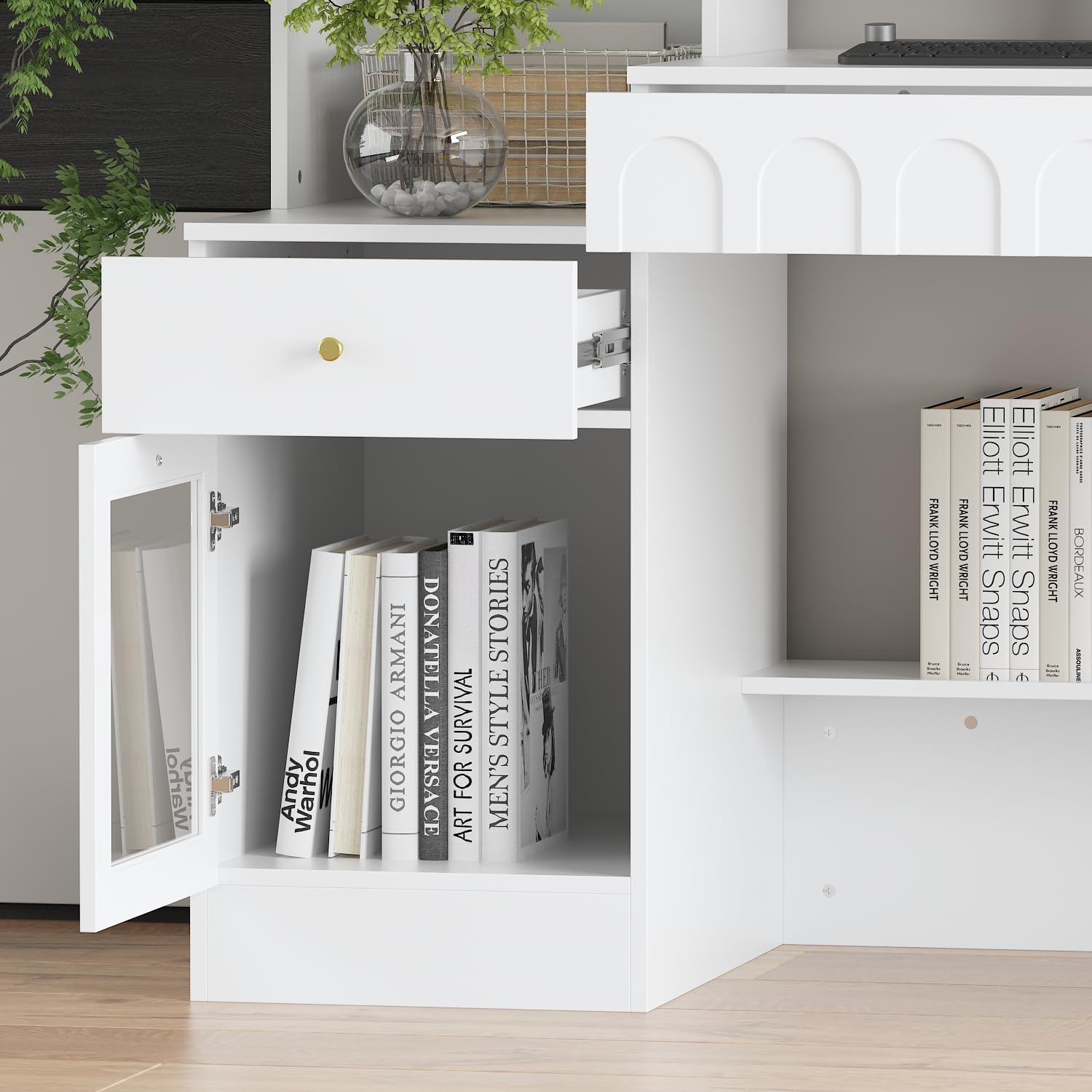ECACAD Large Computer Desk with 79.1" Tall Bookshelf, 62.4" L Corner Computer Desk with Glass Doors and Carved Arched Patterns, Home Office Desk with 3 Drawers & 12 Shelves, White