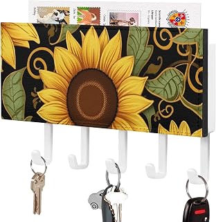 Beautiful Sunflower Key Holder Wall Mount, Decorative PU Key Rack Hanger Holder with 5 Hooks, Key Hooks for Wall, Mail Organizer, Rustic Home Decor for Entryway Living Room
