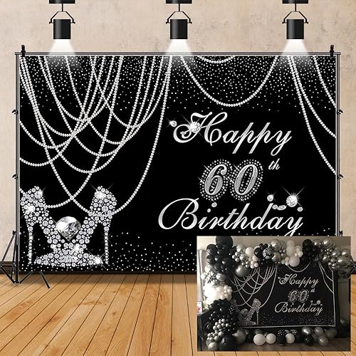 Telones de fondo negro plateado para mujer de 60 cumpleaños para fotografía, cortina de perlas de 9 x 6 pies, pantuflas de diamante plateado con
