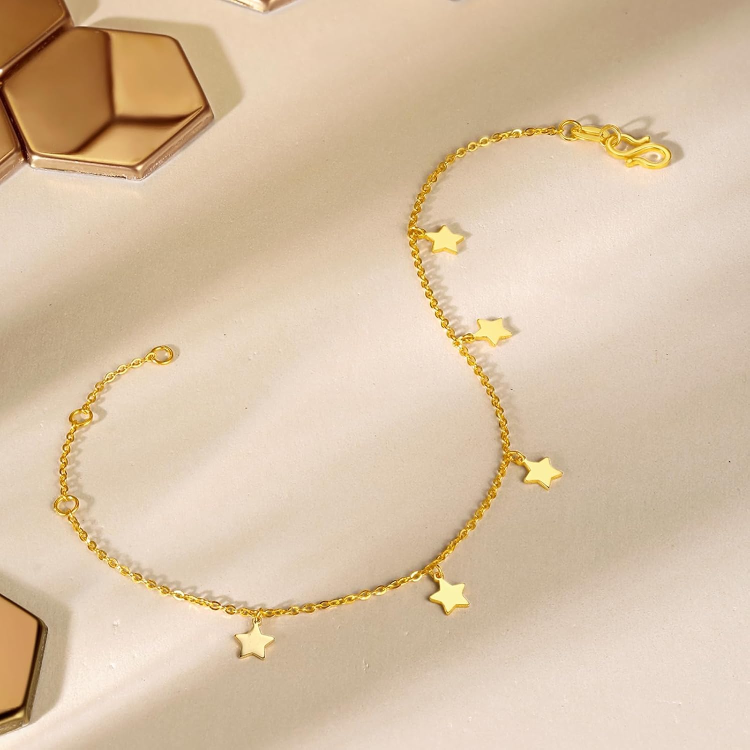 24K Solid Gold Bracelet for Women, Real Pure Gold Chain Bracelet Dainty Jewelry Fashion Star And Moon Solid Gold Link Bracelet for Mother Girlfriends Lovers Gifts