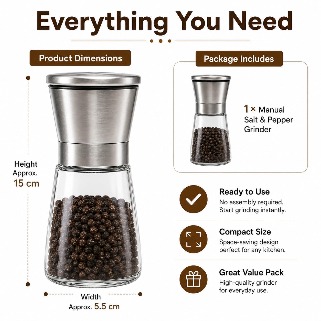 VILON Stainless Steel Spice Mill (200ml) – Adjustable Ceramic Grinder Salt or Pepper Mill Shaker, Pack of 1 — Amazon image 3