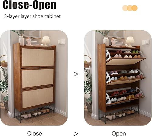 Vista 114 de Armario estrecho de almacenamiento de zapatos con 3 cajones abatibles, armario de madera para zapatos con cajón de puertas de lino, organizador