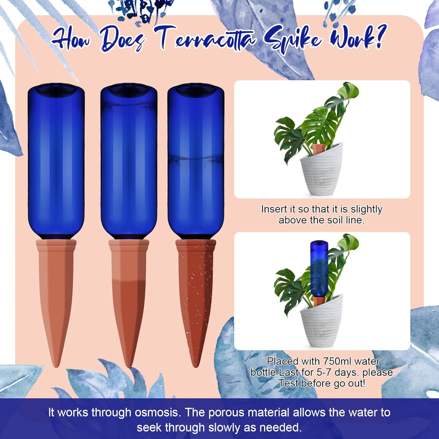 12 Pcs Watering Spikes for Indoor Plants Include 6 Terracotta Self Watering Spikes Devices and 6 Pcs 26 oz Plastic Bottles Slow Release Vacation Insert Automatic(Blue)