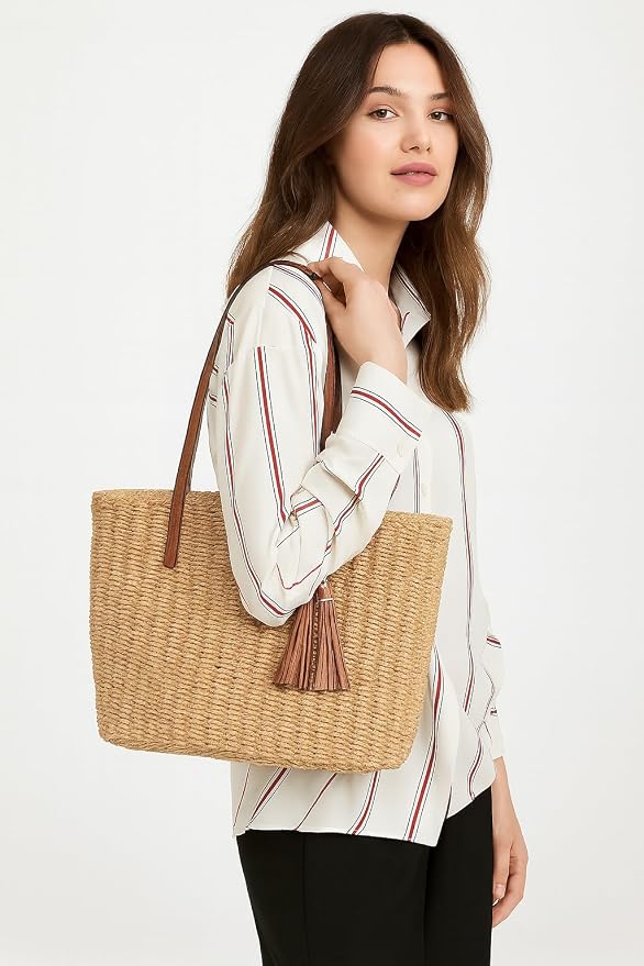 YIXLEE Bolsa de Paja para Mujeres | Talla Mediana Bolsa de viaje Bolsas tejidas Verano Hechas a mano miniatura 9