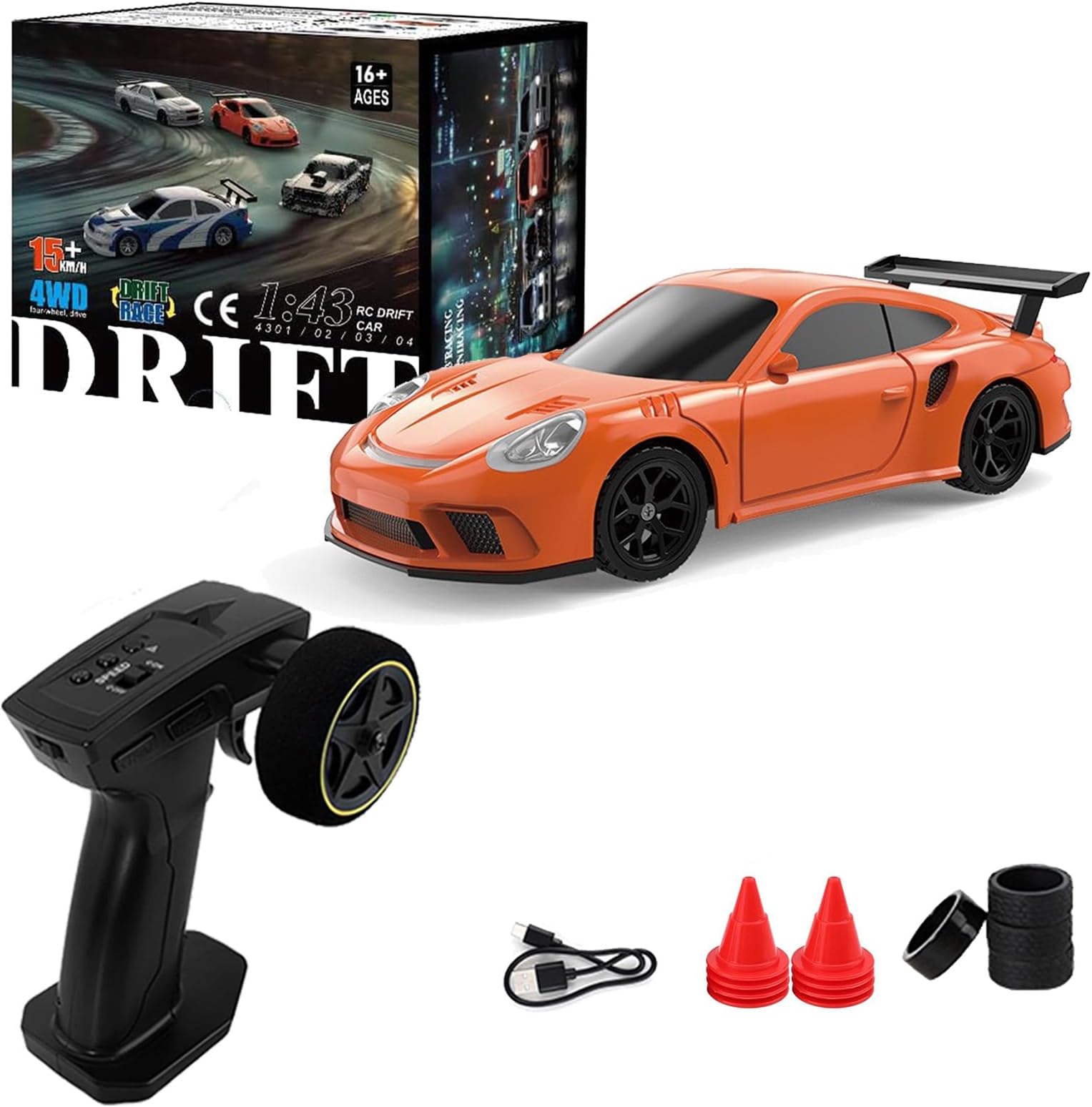 – 1/43 Drift RC Car, Drifty Boyz RC Mini Car for Adults High Speed, Throttle & Steering Full Proportional Control, RTR 2.4Ghz Remote, Simulate LED Car Light, 2 Sets of Tires, 8 Road Cones (Orange)