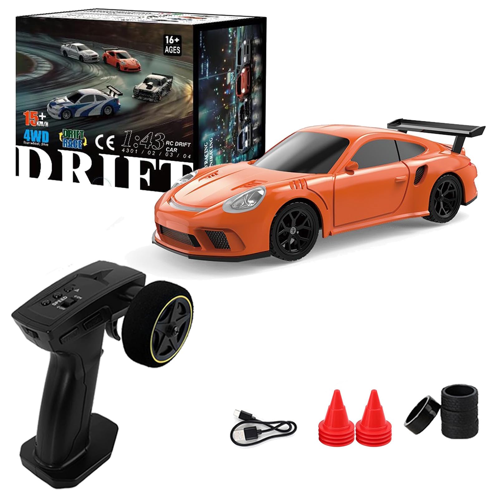 1/43 Drift RC Car, Drifty Boyz RC Mini Car for Adults High Speed, Throttle & Steering Full Proportional Control, RTR 2.4Ghz Remote, Simulate LED Car Light, 2 Sets of Tires, 8 Road Cones (Orange)