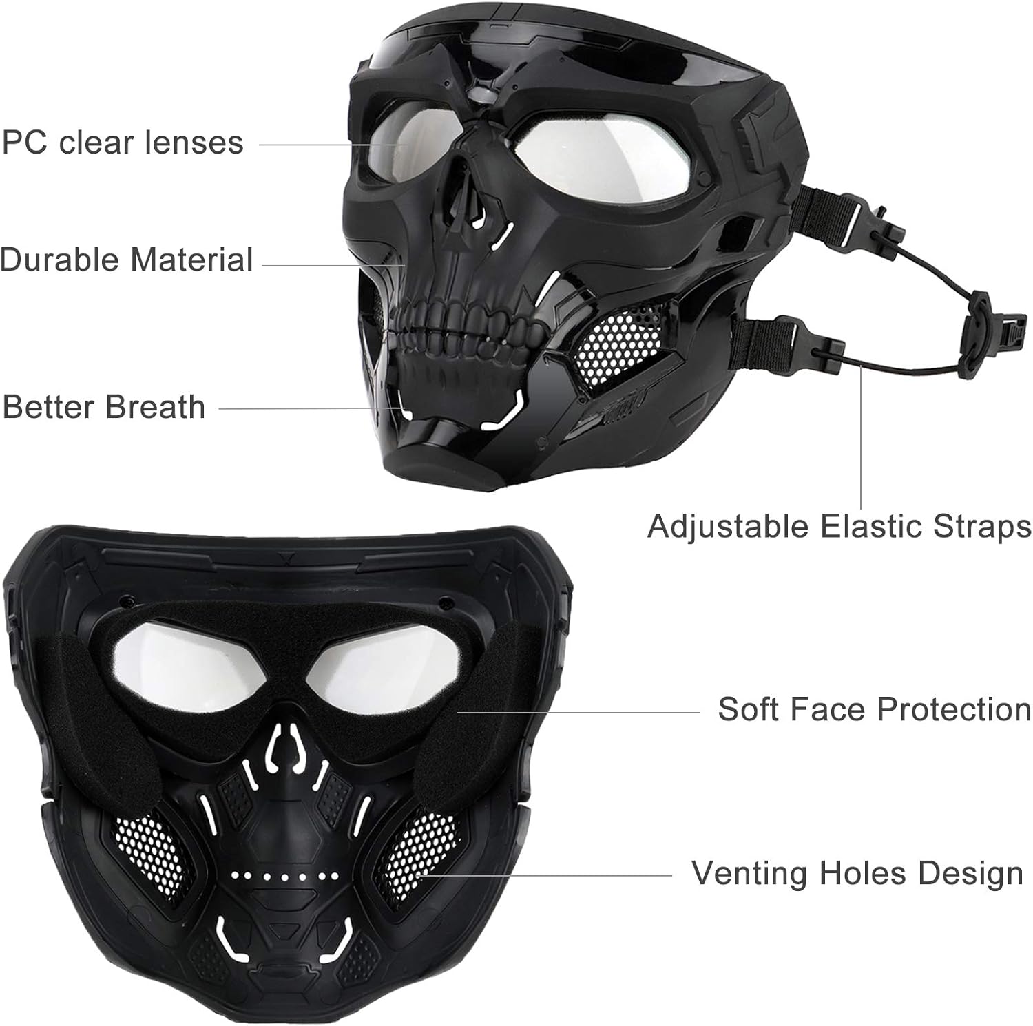 Airsoft Full Face Tactical Paintball Mask with Clear Lens for Halloween, Cosplay Costume Party and Outdoor CS Games (Black) : Sports & Outdoors