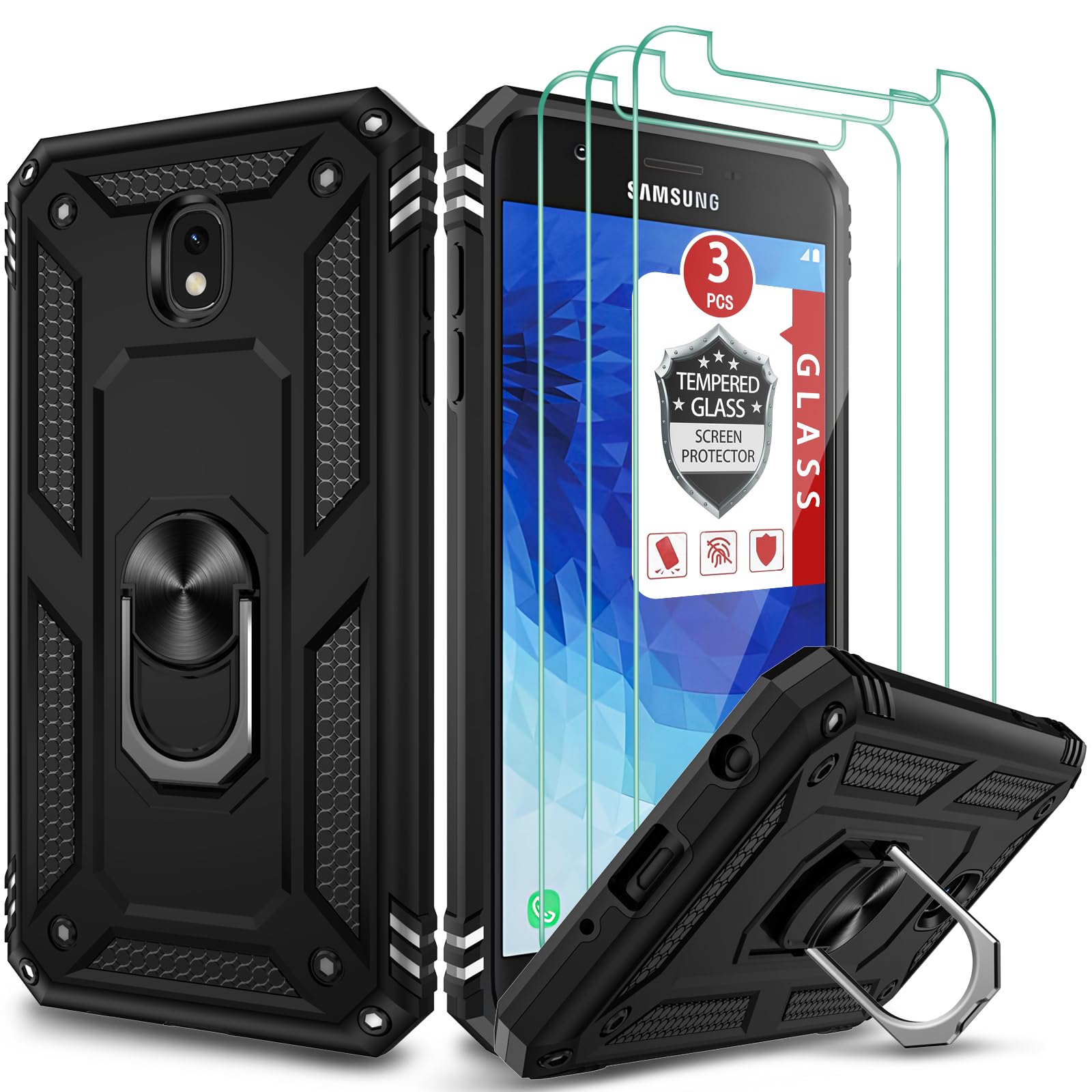 for Galaxy J7 2018/J7 V/J7 Star/J7 Refine 2018 Case, with [3X Tempered Glass Screen Protector], Built-in Ring Kickstand and Magnetic Car Mount