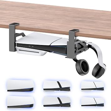 Kosker No-Drill PS5/Slim/Pro Under Desk Mount, Metal Under Desk PS 5 Mount for PS5 Slim Digital & Disc, PS 5 Holder Under Desk with Clamp, Screw and EVA Foam for PS 5/Slim/Pro Digital Console