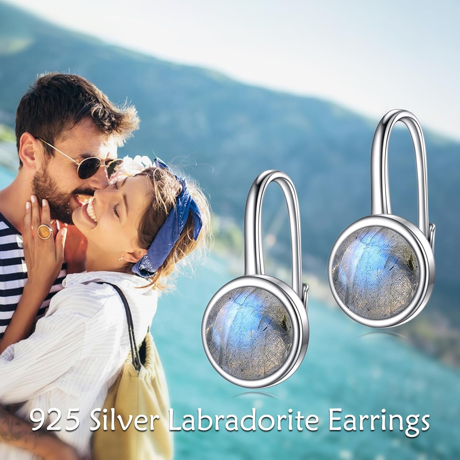 CRMAD Larimar/Turquoise/Labradorite/Lapis Lazuli/Opal/Malachite/Tiger Eye/Jade/Black Tourmaline Earrings for Women 925 Sterling Silver Circle Leverback Jewelry - Image 2