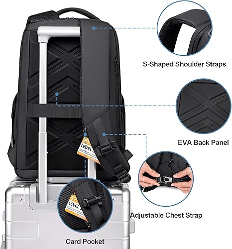 Miniatura 5 de FENRUIEN Mochila de viaje expandible de 15.6 pulgadas, resistente al agua con puerto de carga USB, bolsa negra para computadora portátil para