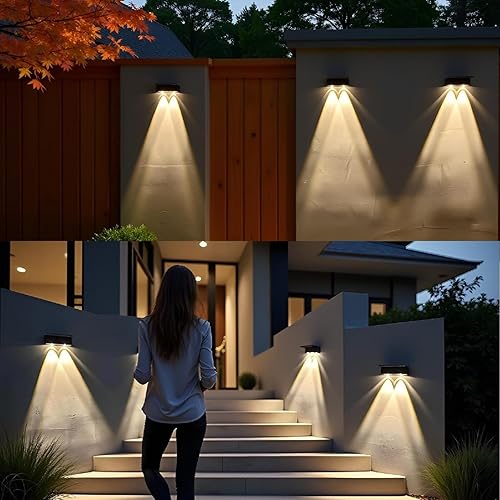 Miniatura 9 de Luces solares para terraza al aire libre, paquete de 4 luces solares para vallas, luces solares de pared blancas cálidas, luces LED Waterpoof