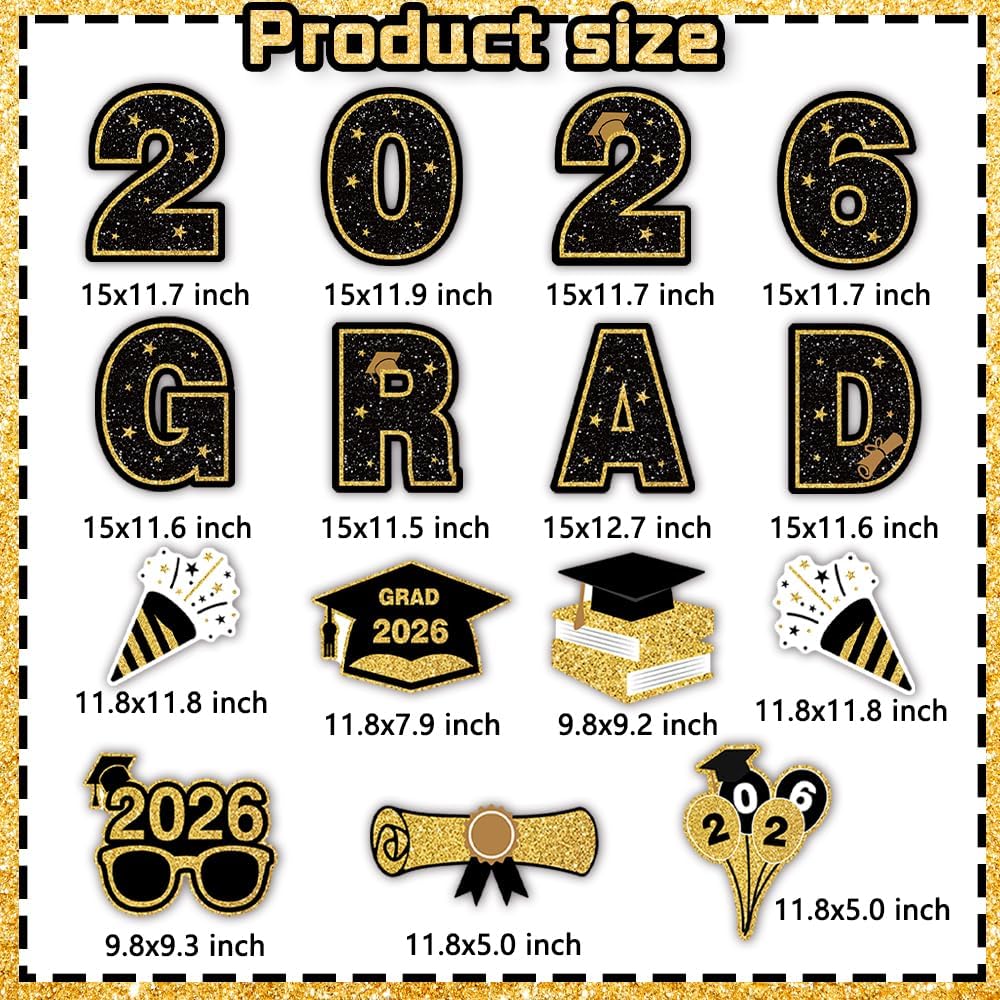 15 Pcs Large Graduation Yard Signs Class of 2026 Black and Gold, Congrats Grad Lawn Decorations with 28 Stakes for Outdoor Lawn, High School College Graduation Party Yard Decor (Black)
