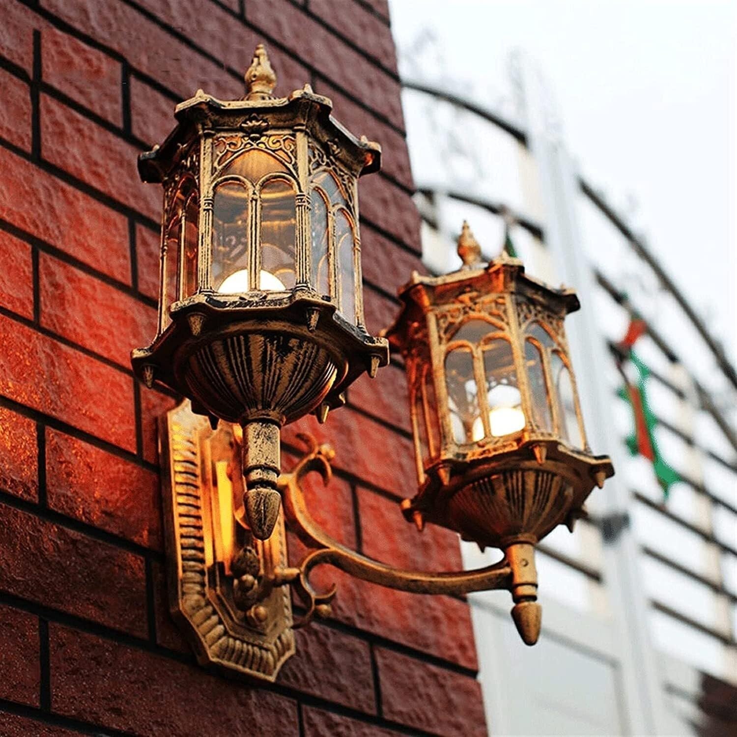 Wejścia Lampa Zewnętrzna Podwójna Głowica Kinkiet Zewnętrzny Aluminiowy Europejski Styl Wodoodporny Szklany Taras Lampa Ogrodowa Oświetlenie Ogrodu(Bronze)