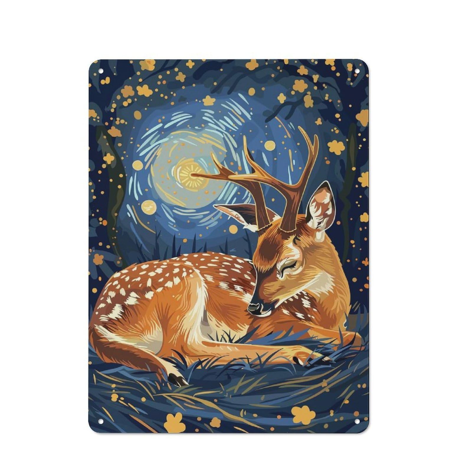 Junmoney Resting Deer In Starry Night Metal Sign 40X30cm With For Pub Or Café, Retro Decor, For Cooler-Month Interiors With Retro Character