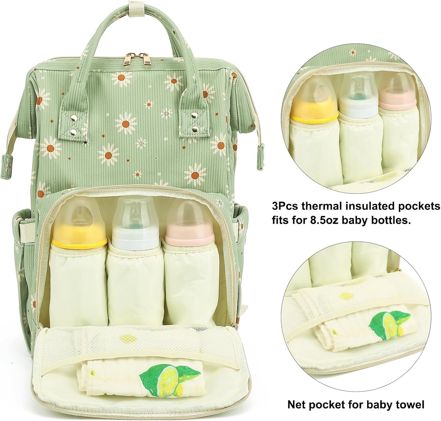 Corduroy Diaper Bag Backpack for Baby Girls Boys, Women Large Nappy Bags for Mom (Green Corduroy Daisy)