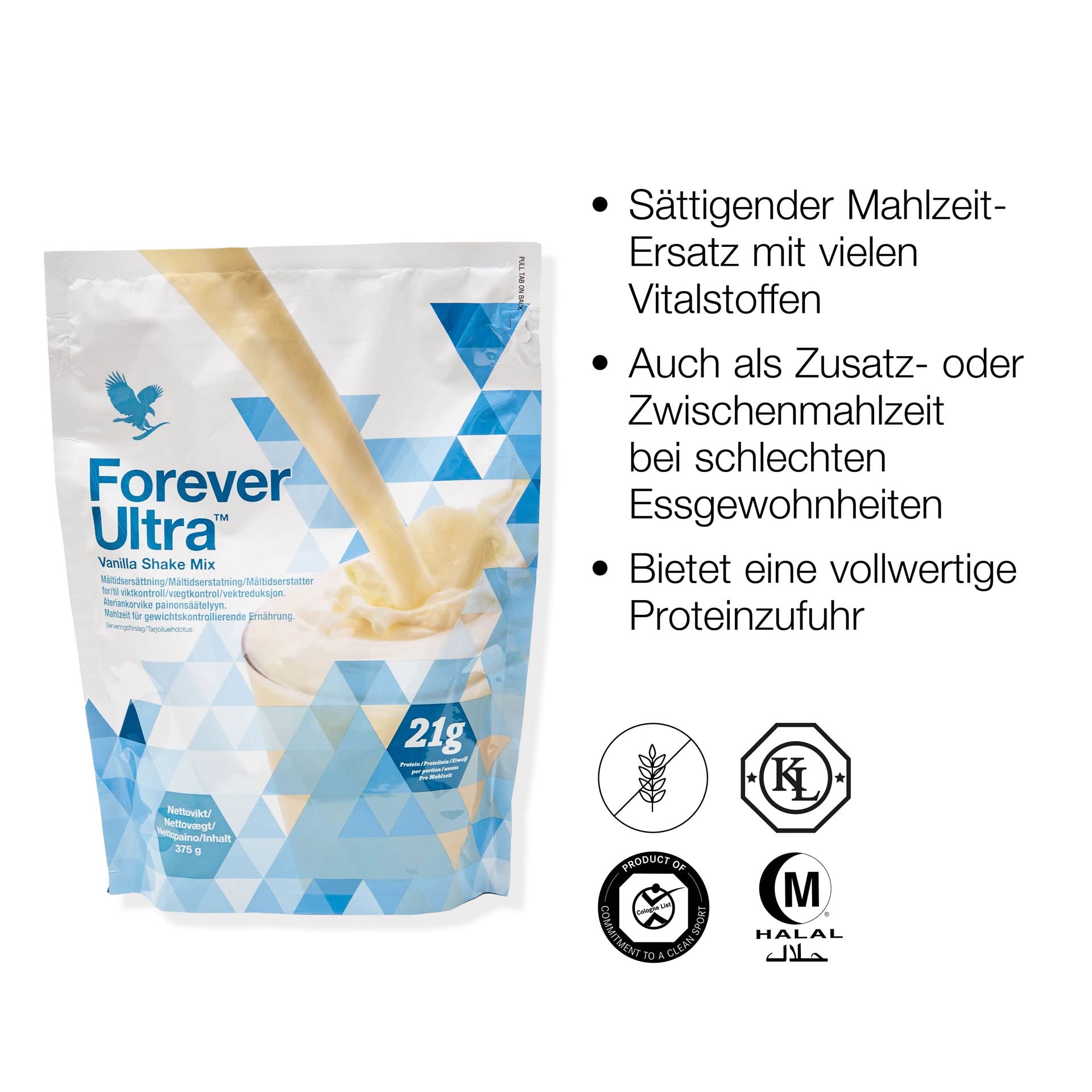 Forever Ultra Vanilla Protein Shake, 21g Soja Eiweiß, Pulver, sättigender Mahlzeitersatz, ohne Konservierungsstoffe, glutenfrei (15 Portionen, 375 g)