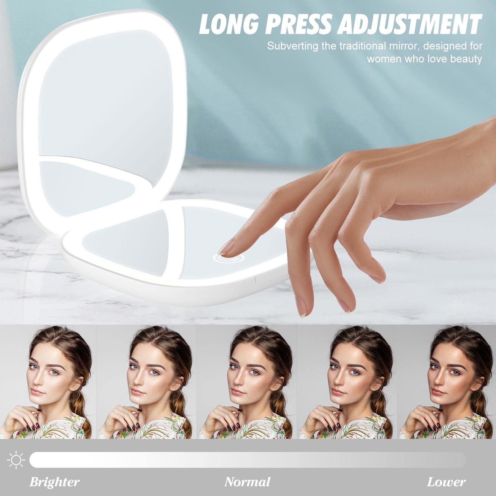 Aicharynic Specchio tascabile a LED con ingrandimento 1X/10X, specchio cosmetico specchio ingranditore con luce specchio viaggio con luce regolabile e luce LED a 2 lati pieghevole regalo per ragazze