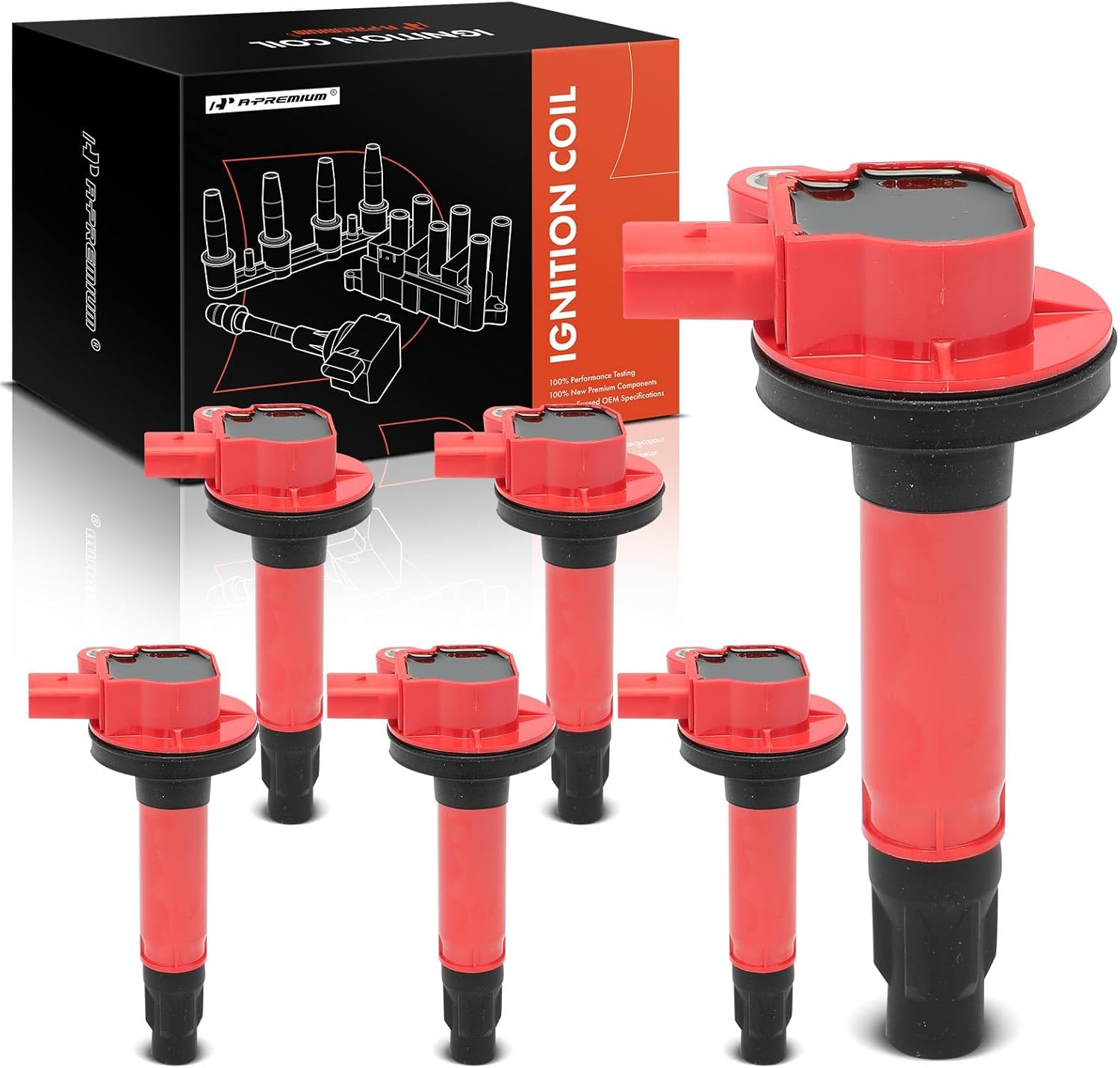 A-Premium (Red) Engine Ignition Coil Pack Compatible with Ford F-150, Explorer, Fusion, Edge, Transit-150, Transit-350 HD, Mustang, Taurus, Taurus X, Flex & Mazda 6, CX-9 & Lincoln MKZ, 6-PC Set