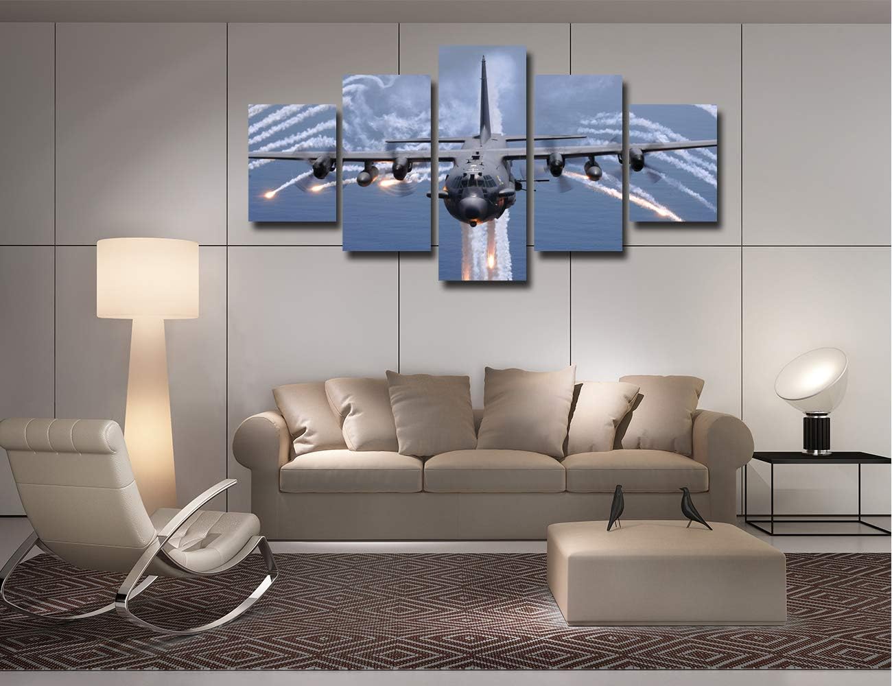 Military Attack Aircraft AC-130 Gunship United States Air Force Fighter Jet Pictures Wall Art Canvas Frame Art Home Decor 5 Panel Poster Living Room Decorations Paintings(60''Wx32''H)