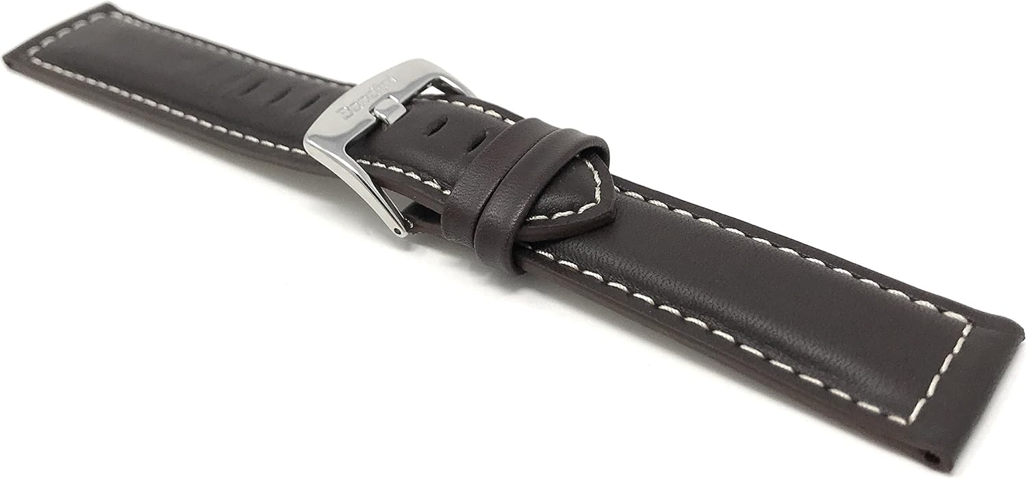 Bandini Mens XL Extra Long Leather Watch Band or Regular Strap, Classic or Buffalo Pattern - 4 Colors, With or Without Stitch - 18mm 20mm 22mm 24mm 26mm 28mm 30mm Leather Watch Band for Men
