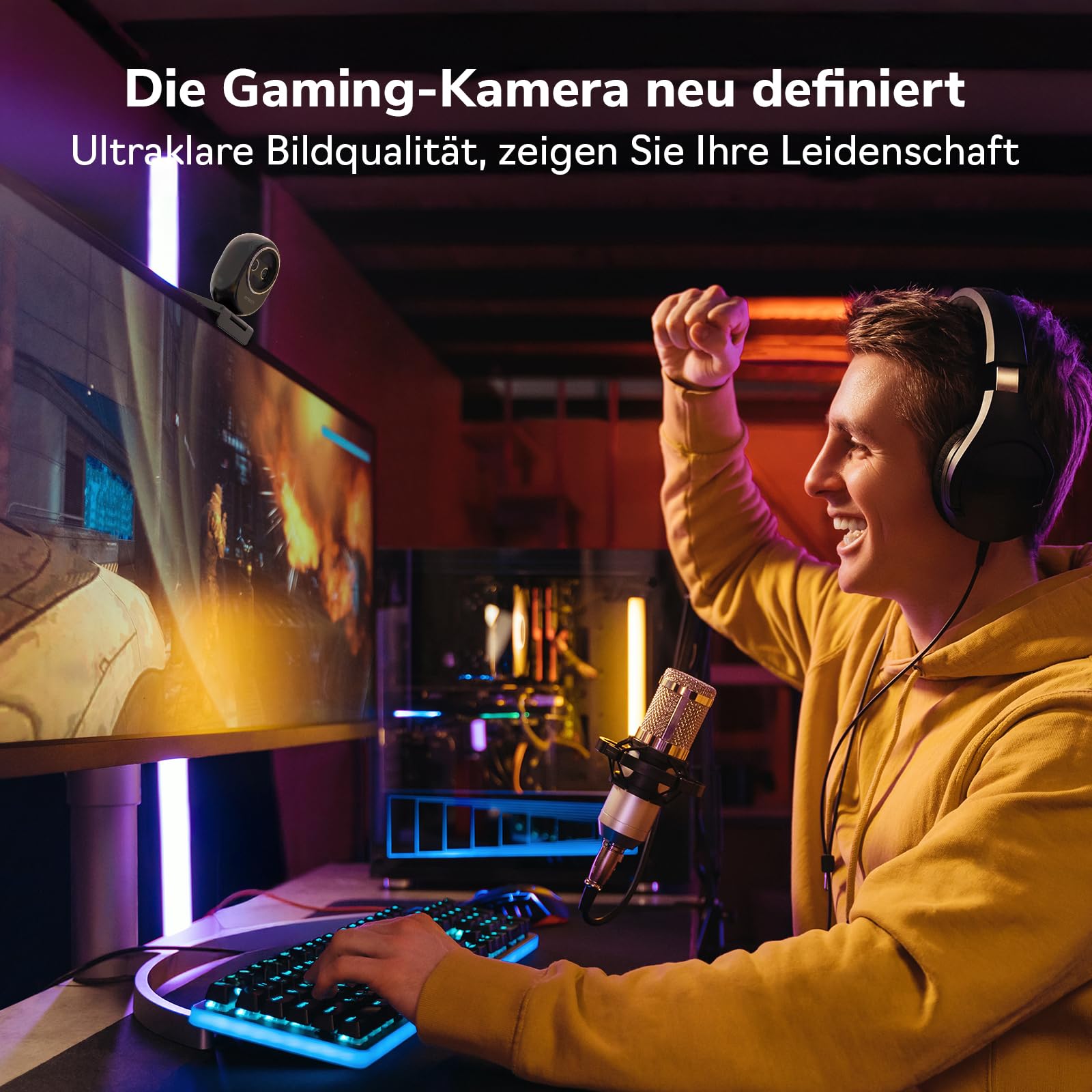 EMEET Piko+ Webcam 4K, KI-Fokus, für PC/Mac/Switch 2, Homeoffice | Mit 1/2.55'' Sony-Bild｜Dual-Fokus｜Panda-Privatsphäre｜Für Curved Monitor｜Plug & Play via USB｜Top für Videocalls