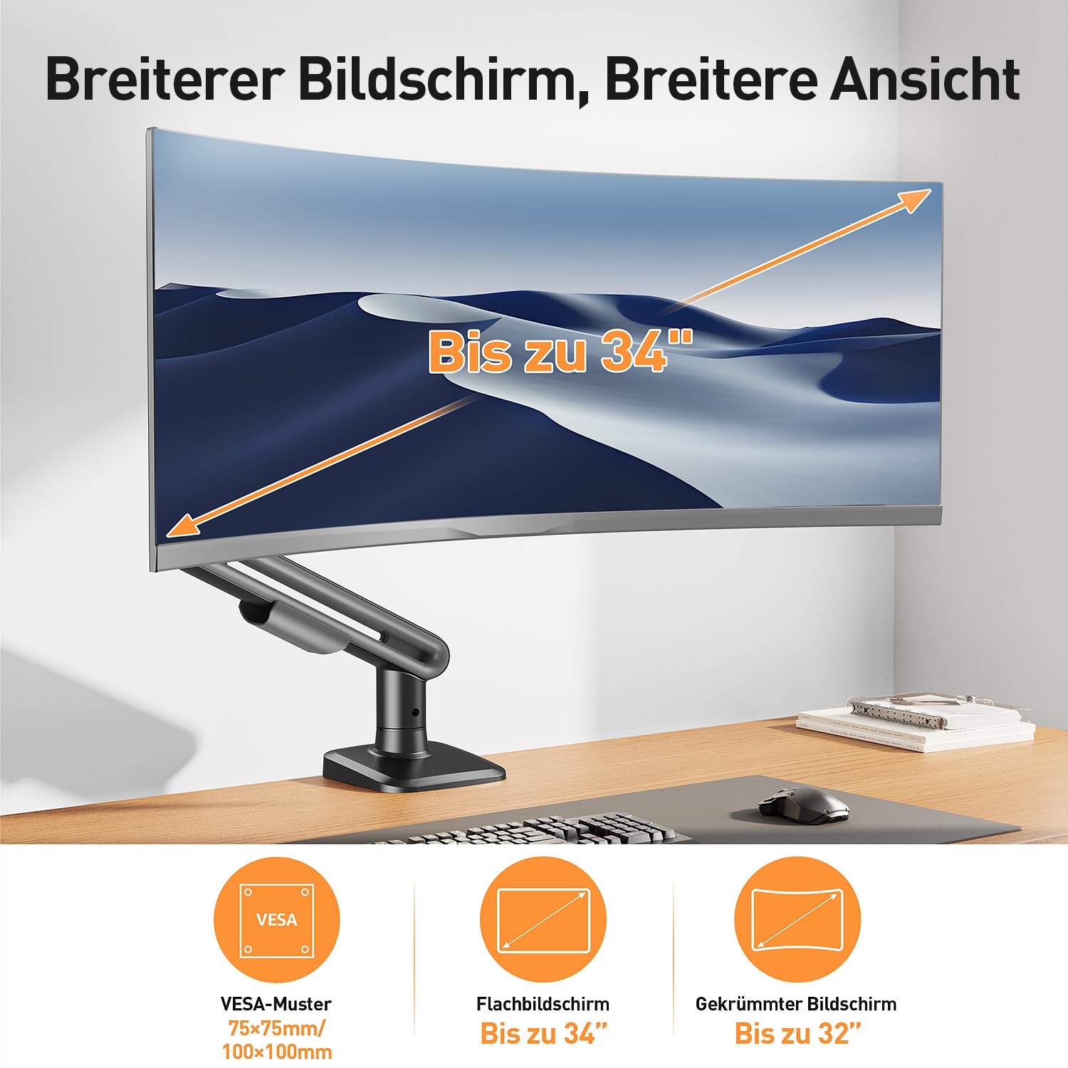 ELIVED Supporto da scrivania per monitor singolo per schermi da 13-34", supporta max 12 kg, inclinabile e girevole, braccio regolabile in altezza con molla a gas, VESA 75 e 100 mm, morsetto a C e base