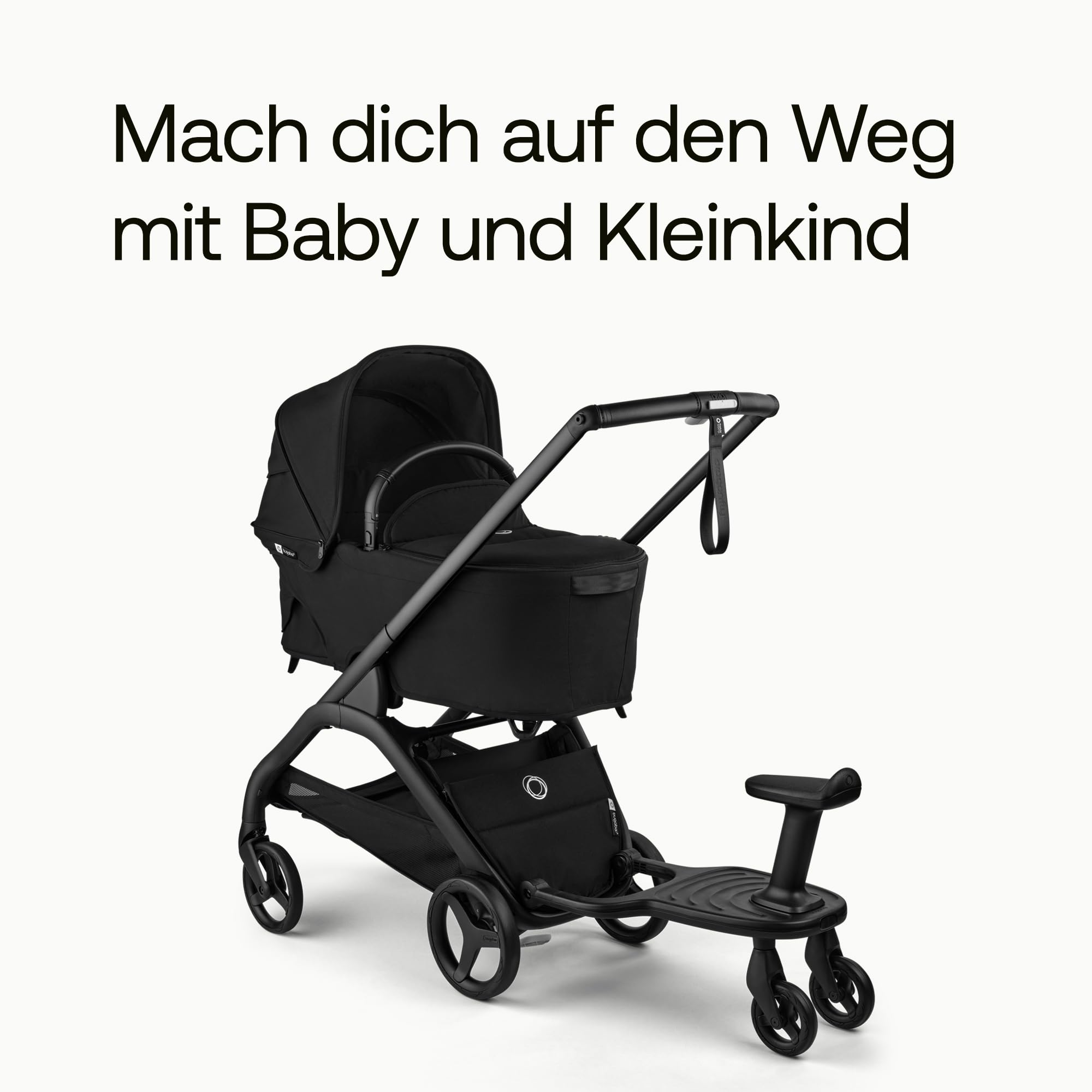 Bugaboo Komfort-Mitfahrbrett+ mit abnehmbarem Sitz – Mitfahrbrett für Kleinkinder, mit Sitz- oder Stehmöglichkeit, kompatibel mit Bugaboo Kinderwagen, zwei Räder für besonders sanfte Fahrten