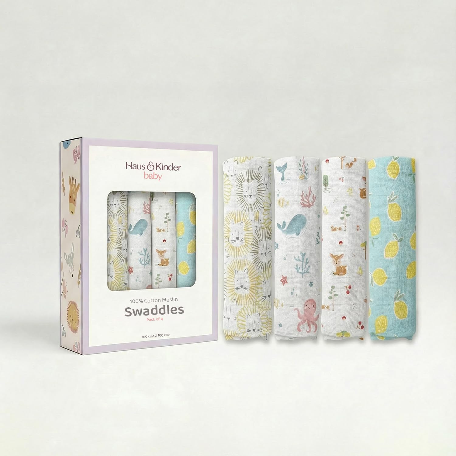haus & kinder Haus and Kinder Fruity Fauna Collection 100% Cotton Soft Muslin Swaddles Wrap for Newborn Baby, Size 100 cm by 100 cm - Pack of 4 (Lion, Woodland, Lemon, Ocean)