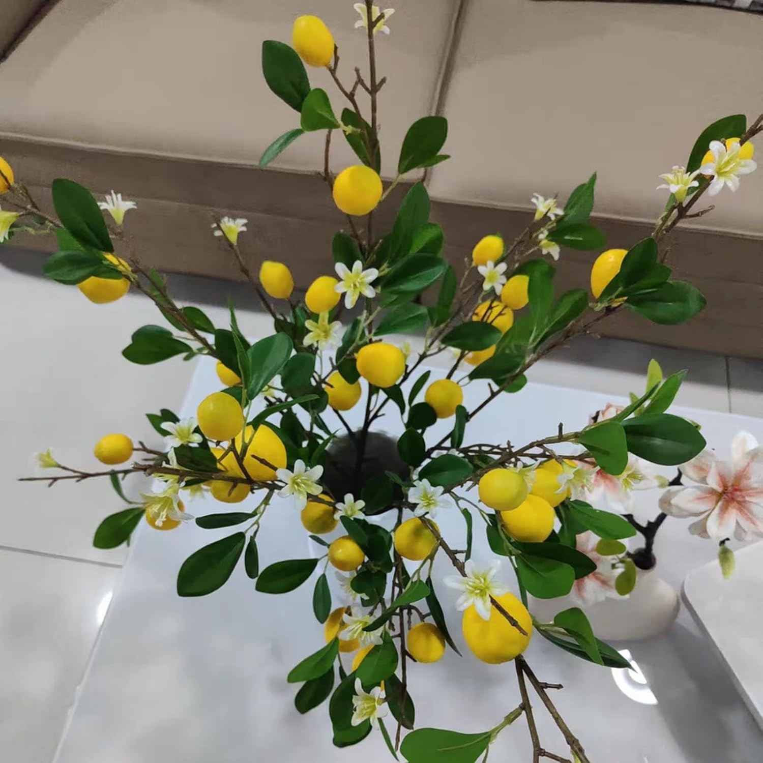 BFYDOAA 3pcs Artificial Lemon Branch 80cm Long Stem Yellow Lemons Picks with Green Leaves and Flowers, for Home Kitchen Farmhouse Table Centerpiece
