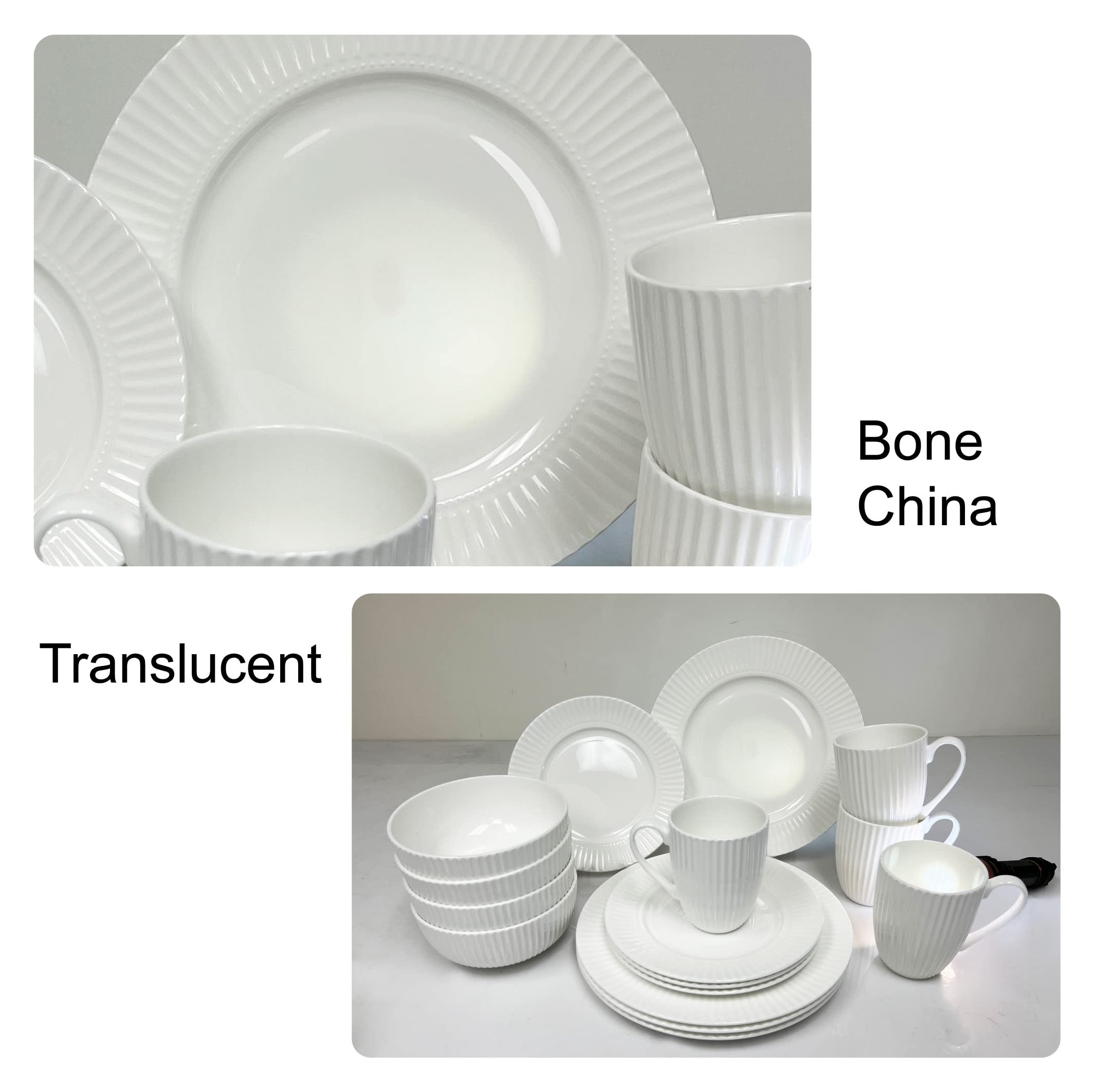Bone China zastawa obiadowa, zestaw 16 szt., serwis dla 4 osób, biały tłoczony pasek, nadaje się do kuchenki mikrofalowej, półprzezroczysty, elegancki prezent, zestaw naczyń, niezbędny dom, na co