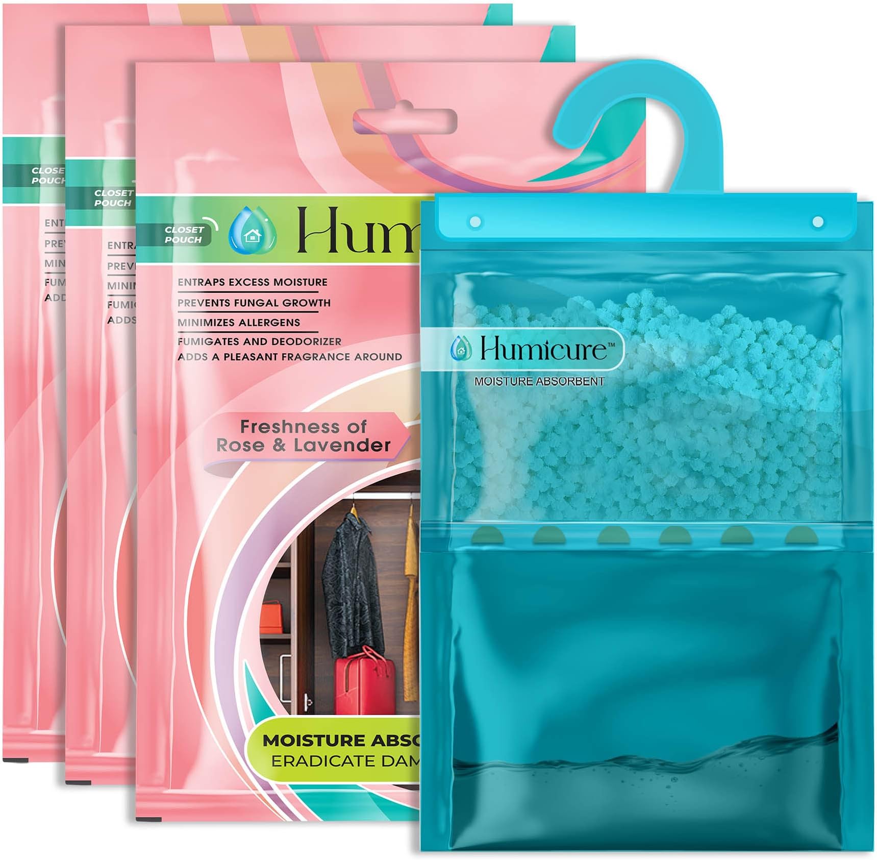 Moisture Absorber Dehumidifier Hanging Bags with 1 Litre Absorption Capacity for Wardrobe, Bathroom, Kitchen and Bedroom; Prevents Mould & Fungus (Pack of 3, 400gram each, Rose & Lavender)