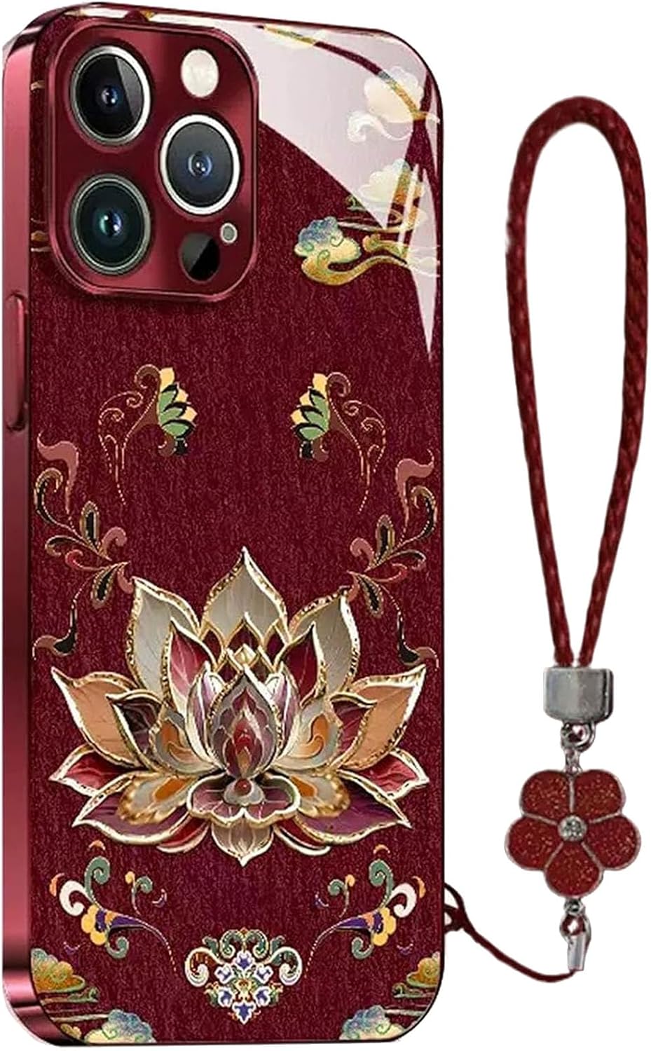 Lotus Lanyard Hard Case for iPhone, Elegant Lotus Design with Detachable Lanyard, for iPhone 17/16/15/14/13/12/11 Pro Max, Full-Coverage Drop Protection Phone Cover (Red,for iPhone 16)