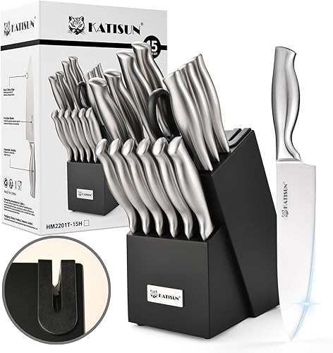 Juego de cuchillos de cocina de 15 piezas con afilador integrado, juego de bloques de cuchillos de acero inoxidable alemán, apto para lavavajillas