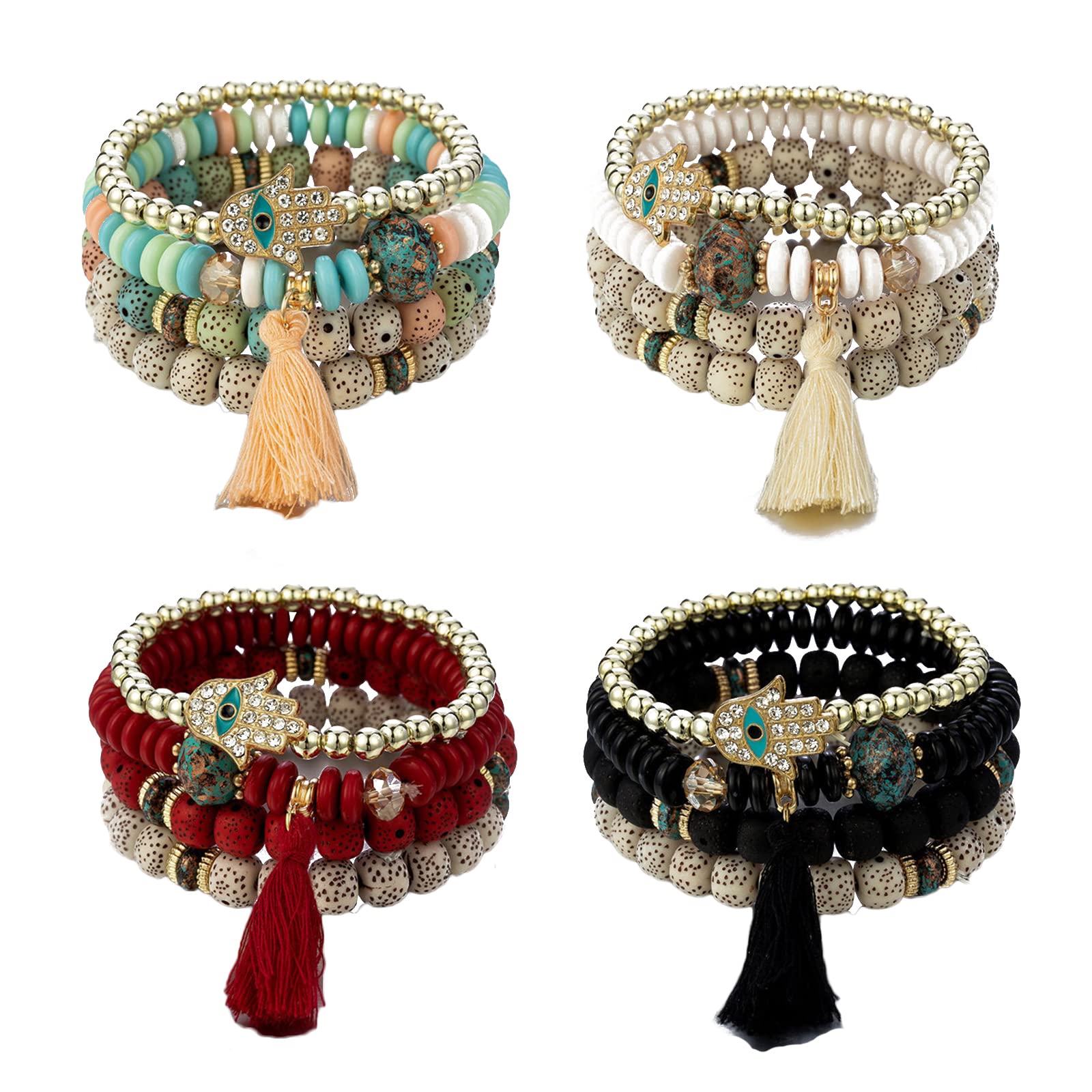 CaiyaoBohemian Evil Eye Beaded Multilayered Stackable Bracelet Set Multicolor Boho Ojo Charm Seed Hamsa Fatima Hand Charm Tassel Beaded Stretch Bracelet for Women Girl Lucky Protection Jewelry