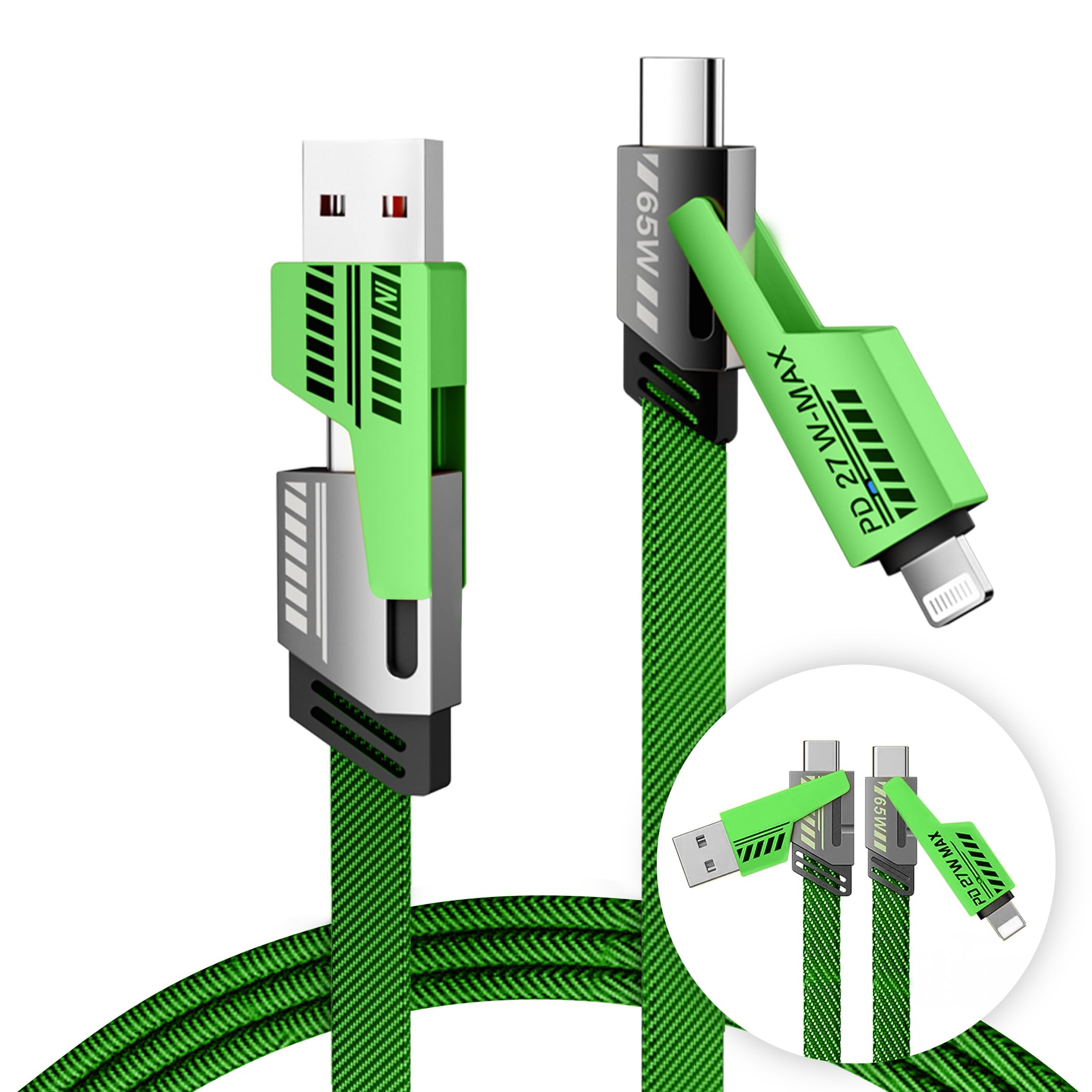 Treasured Tech 4 in 1 Multi Charger Cable | 65W Fast Charge USB A/C to Lightning & USB C | 5FT Nylon Braided for iPhone 16-12 Pro Max, MacBook, Samsung Galaxy, iPad, Laptop, Green
