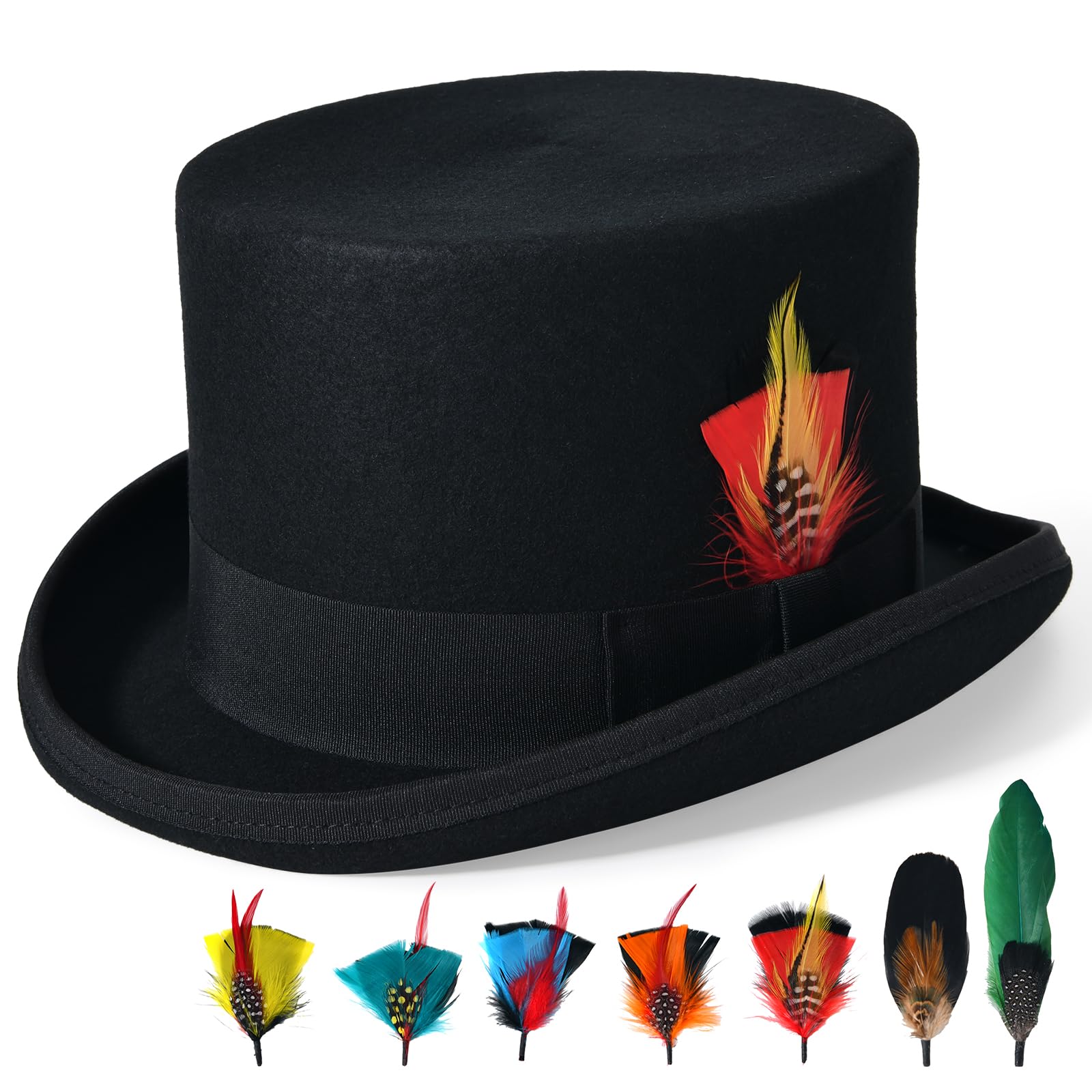 Mens Top Hat for Women 100% Wool Black Felt Top Hat Costume with 7pcs Feather Party Dress Tophat Magician Hats (Black, 7 1/8)