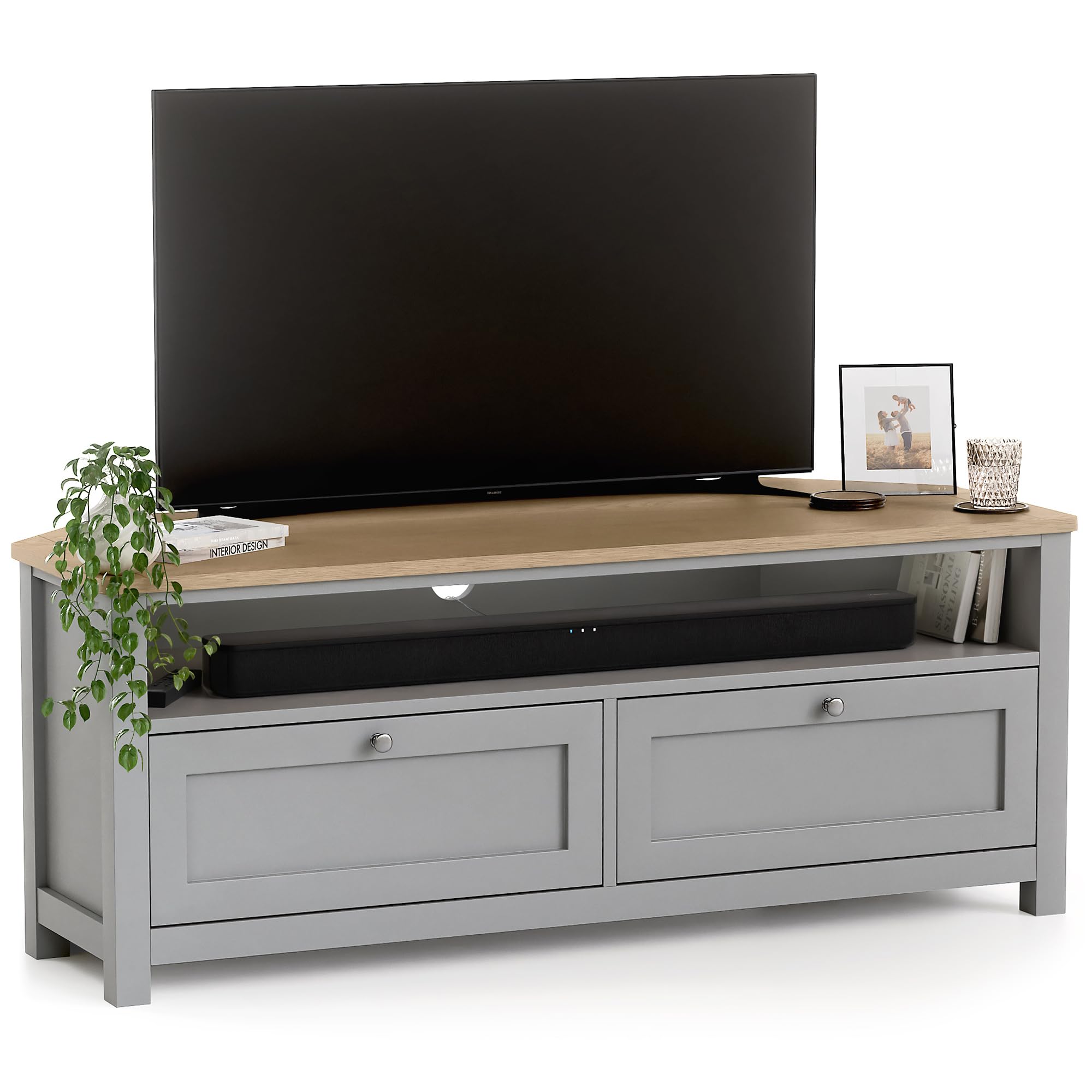 CHRISTOW Corner TV Unit with Storage & Oak-Effect Top, Modern Television Stand with 2 Drawers & Open Shelf, Space-Saving MDF Media Cabinet for Living Room, Matte Painted – Grey, H45 x W115 x D45cm