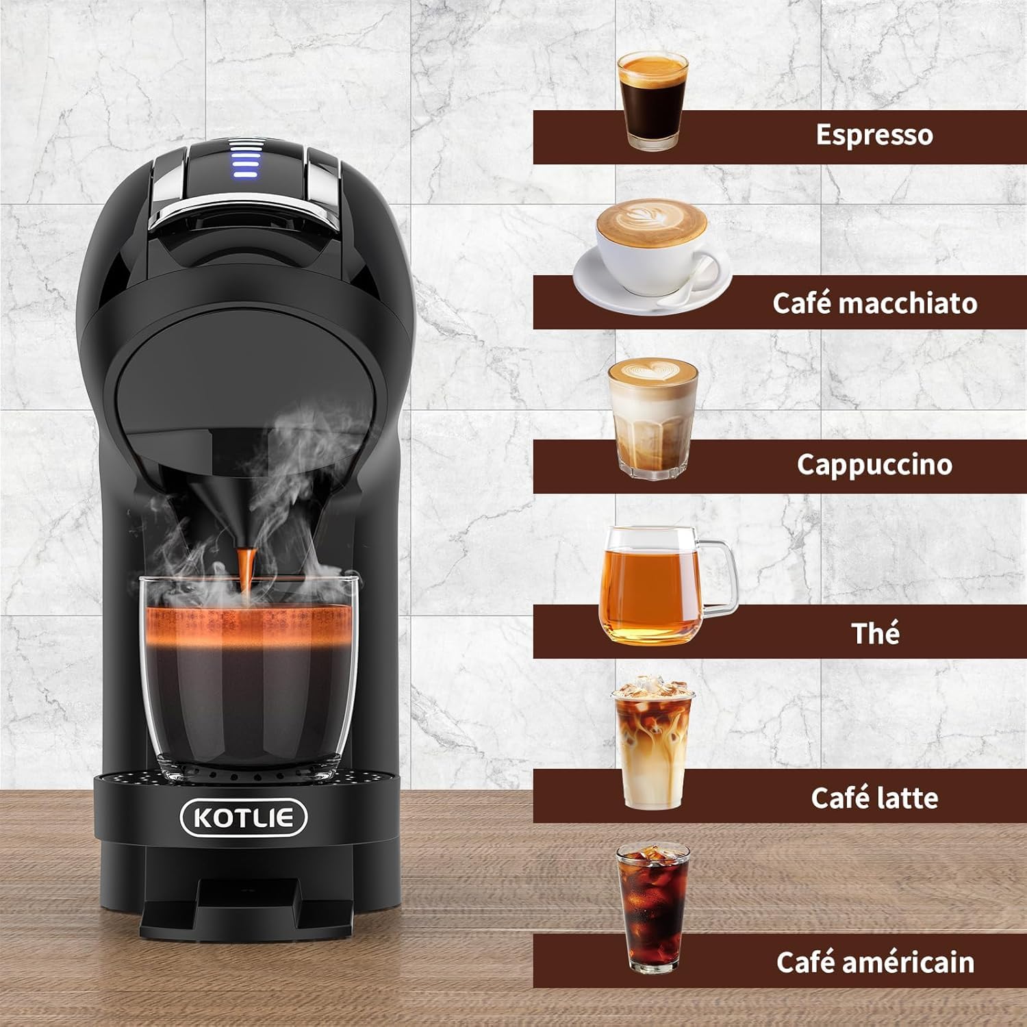Machine à Café Multi-Capsules 5-en-1 308A, Expresso, Lungo et Café Glacé | Compatible: capsules NES, DG, MIO, café moulu & dosettes ESE 44mm. 4 températures et 7 niveaux d'eau, Noir