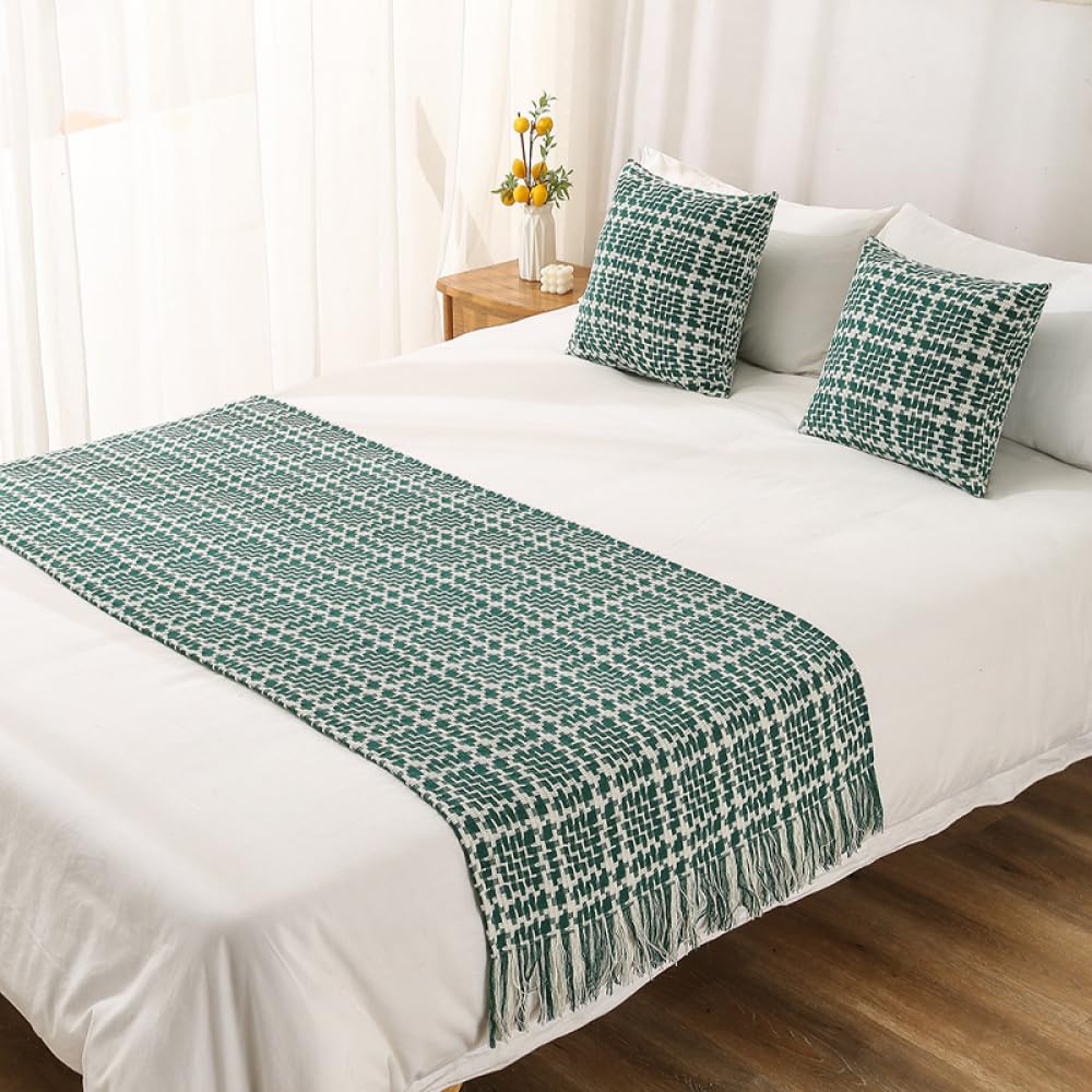 Écharpe de chevet tricotée pour chambre cocooning jeté de lit vert 65x180cm