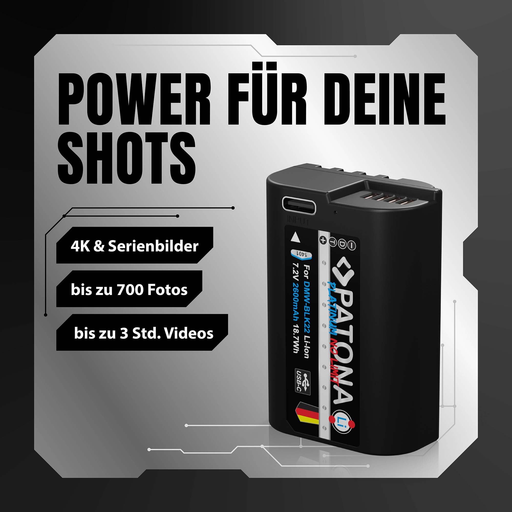 PATONA 2X USB-C Platinum Akku Ersatz für Panasonic DMW-BLK22 BLK22E 2600mAh