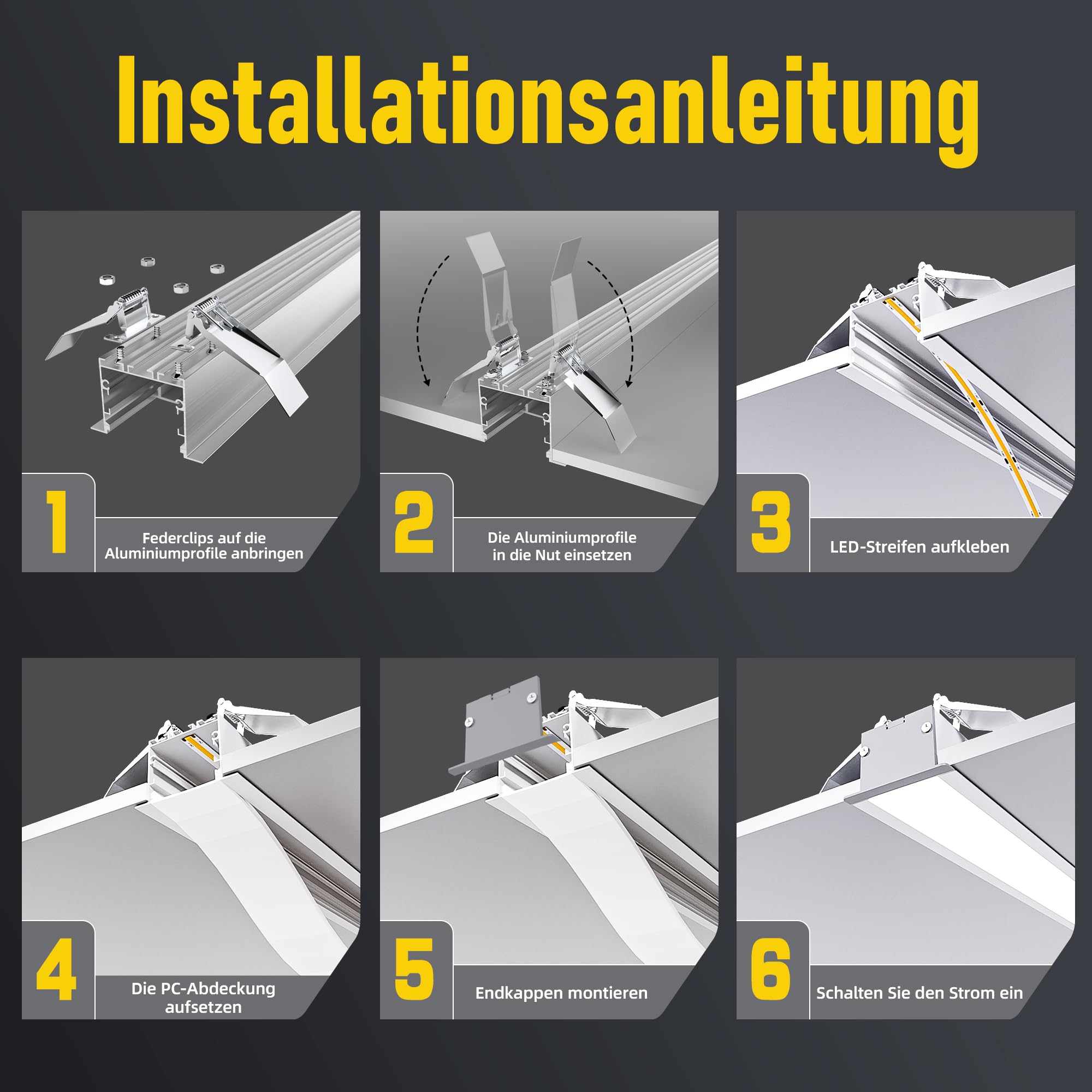 Shine Plus LED-Aluminiumprofil 10er-Pack 2m (Gesamt 20m), Deckenhängend & Einbau-LED-Kanal für Streifen bis 32 mm, Milchweiße PC-Abdeckung, Aluminium-Extrusion mit Komplettem Montageset