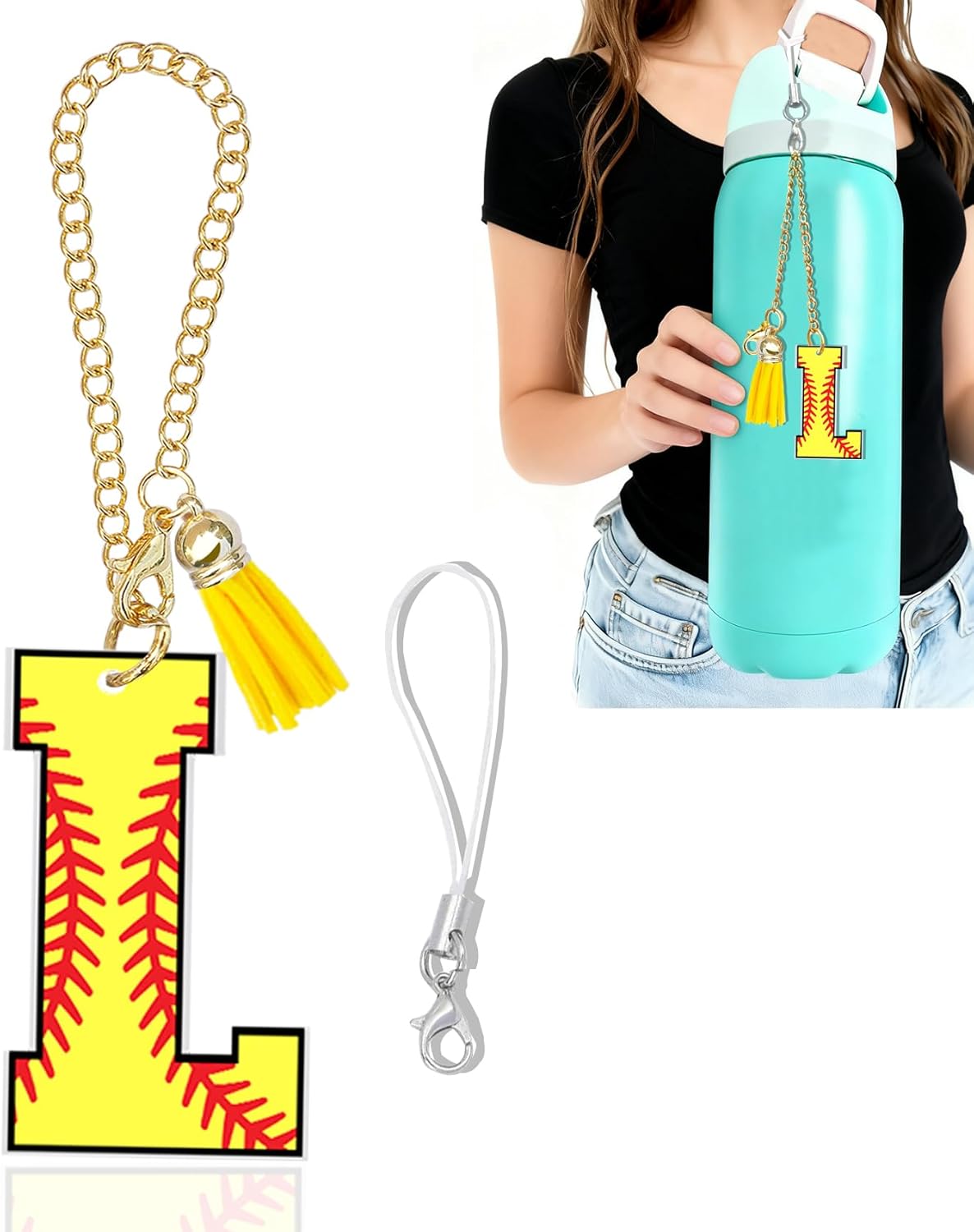 Softball Baseball Sunflower Initial Keychain Charm Compatible for Stanley Owala 24oz 32oz 40oz Water Bottle Accessorie