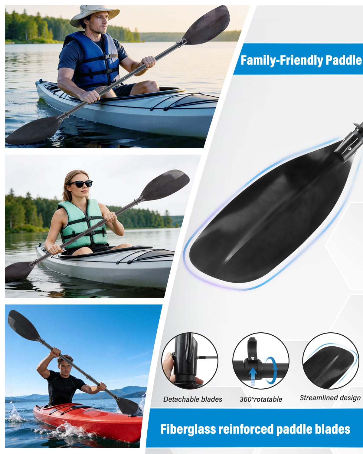Pagaie de kayak télescopique réglable de 157,5 à 221 cm, tige en acier inoxydable et lames en fibre de verre, rames de kayak amovibles avec sac de rangement pour adolescents et adultes
