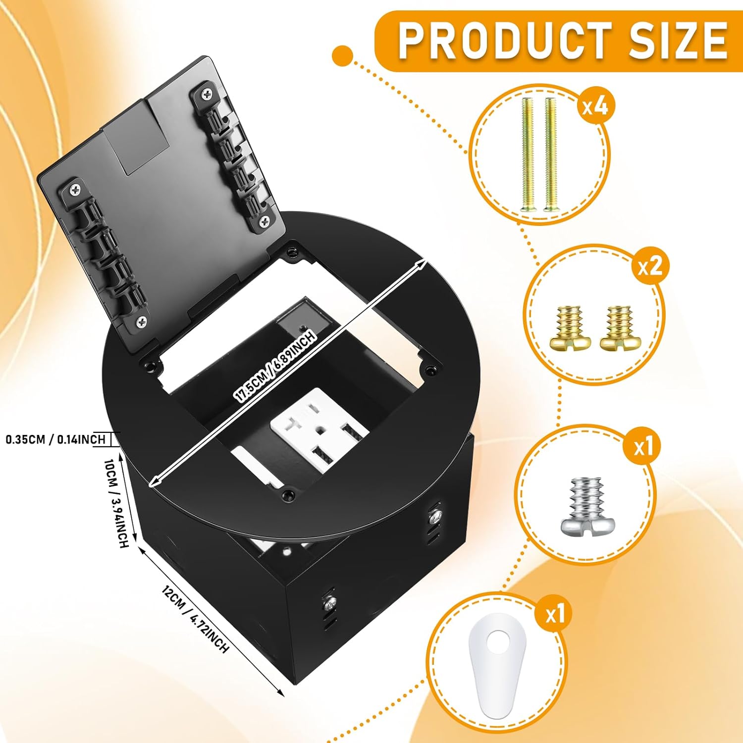 1 Pcs Recessed Floor Outlet 4. 72" x 4. 72" x 3. 94" 2-Gang with 4. 8a USB Chargers 20 Amp Floor Receptacles Round Hidden Outlet Kit Electrical Waterproof Box, Etl Listed (Black) - Image 2