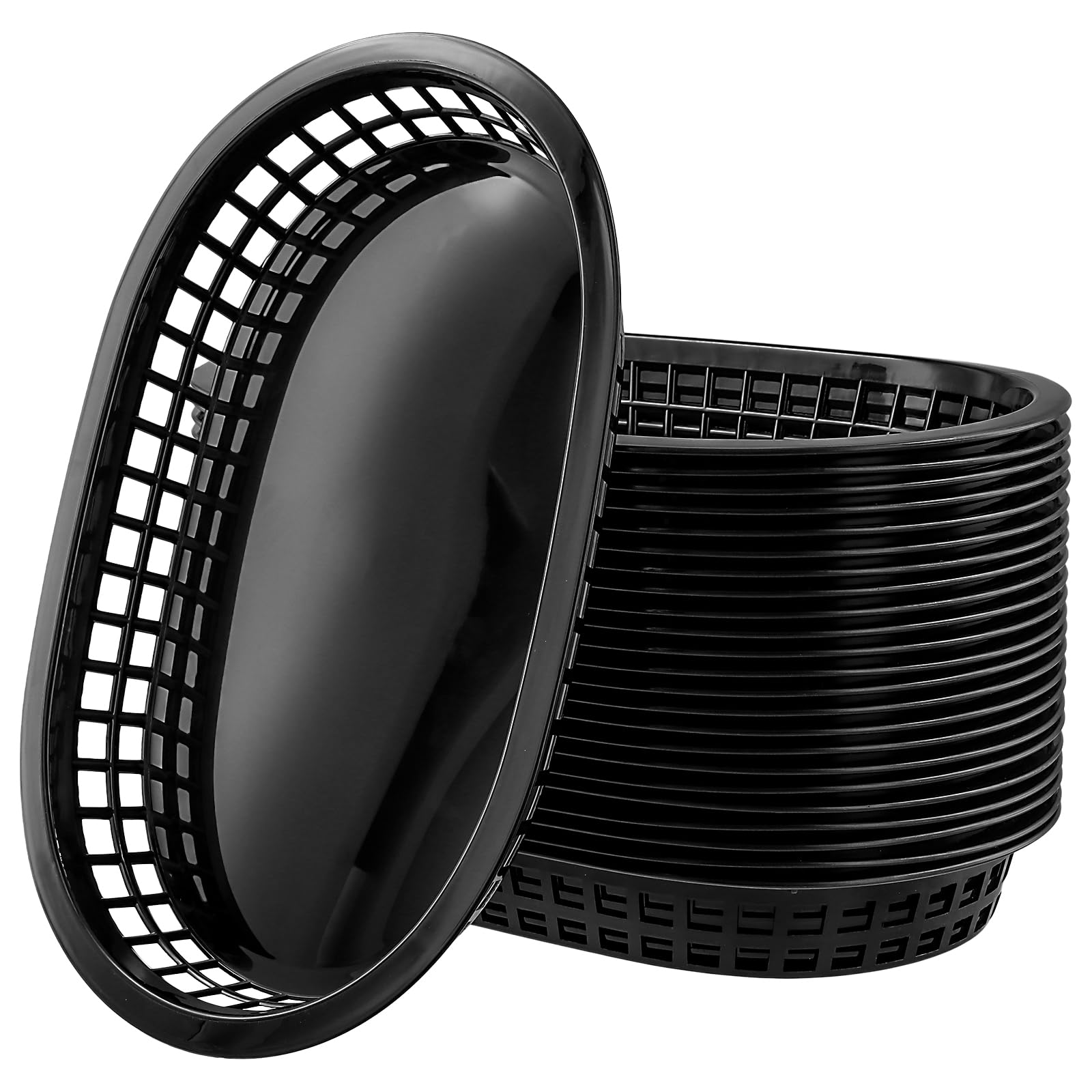 SOUJAP 24 cestas de plástico negro para comida rápida, cestas ovaladas grandes para hamburguesas de alimentos para patatas fritas, perritos calientes, bocadillos, sándwiches, 27,4 x 17,5 cm
