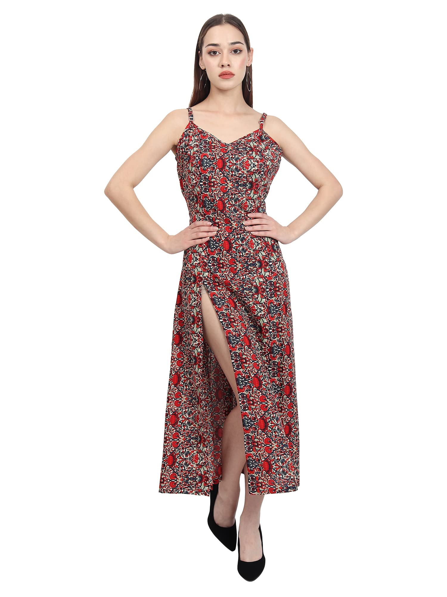 Neture Craft Women Multicolor Crepe Stripe Shoulder Floral Print Maxi Dress