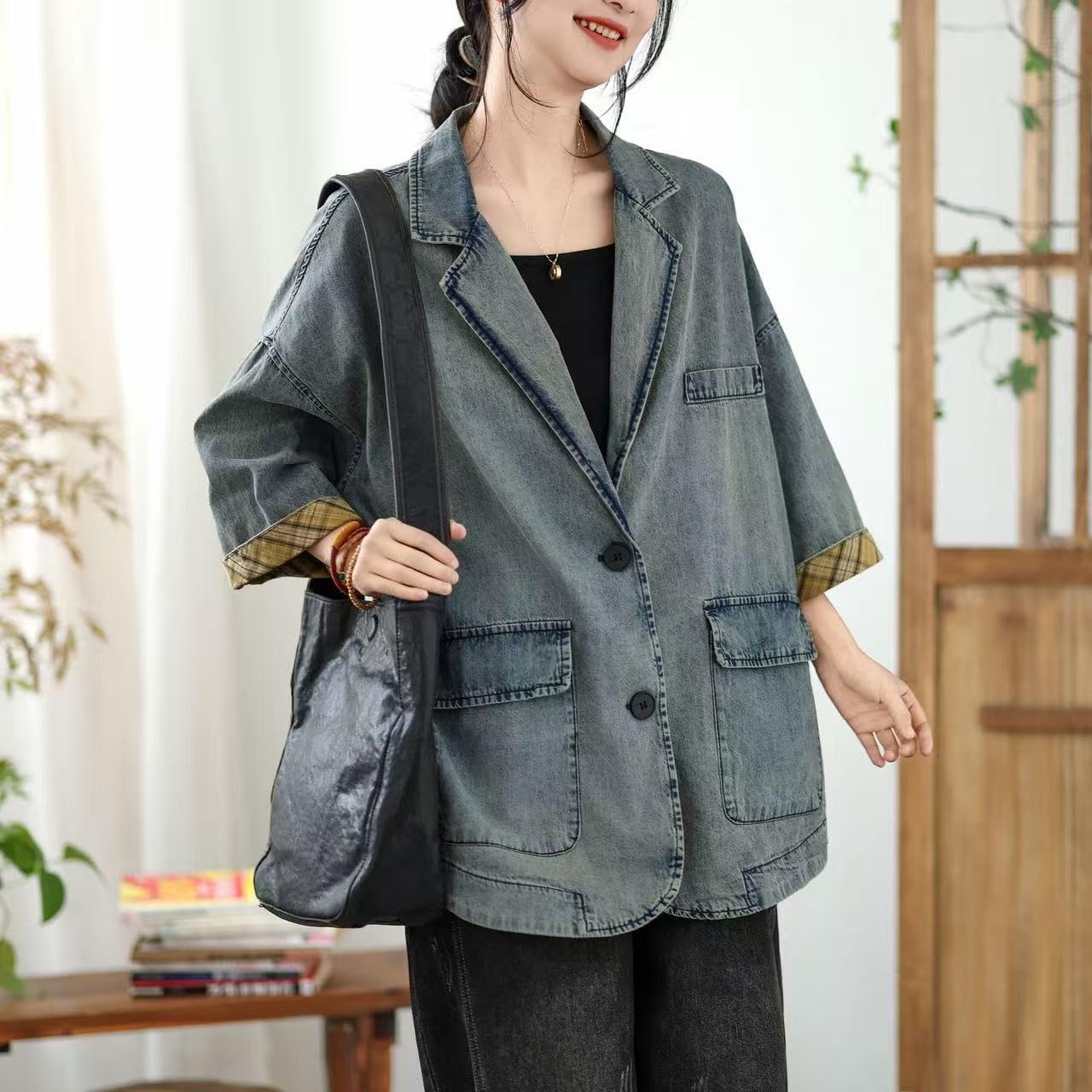 Blazer da Donna Giacca di Jeans Oversize da Donna A Quadri A Contrasto con Maniche A 3/4 Modello Ampio con Revers A Tacca Blazer in Denim Lavato Stile Vintage Lunghezza Media Modello Boyfriend con T