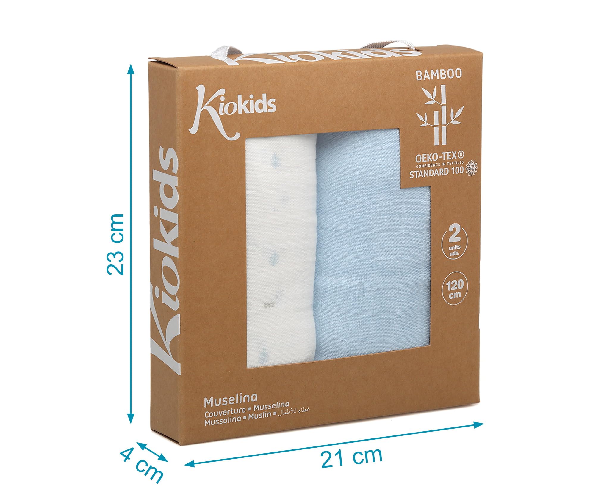 Kiokids Set 2 Mussole Blu e Bianche Stampate 70% bambù 30% cotone 120x120cm