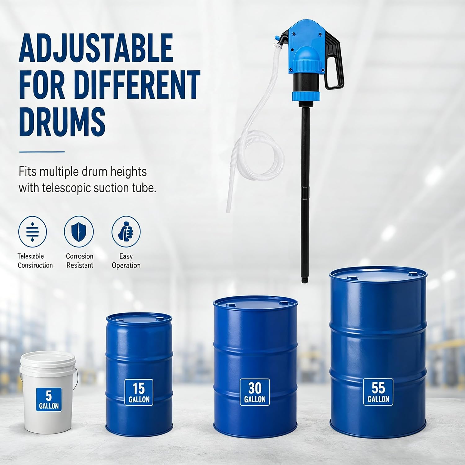 55 Gal Hand Drum Pump – Plastic Lever Action Drum Pump for DEF, Antifreeze, Oil & Low-Viscosity Liquids – Includes 5.74 ft 3/4” Corrugated Hose – Manual Siphon Pump for 55 Gallon Barrel